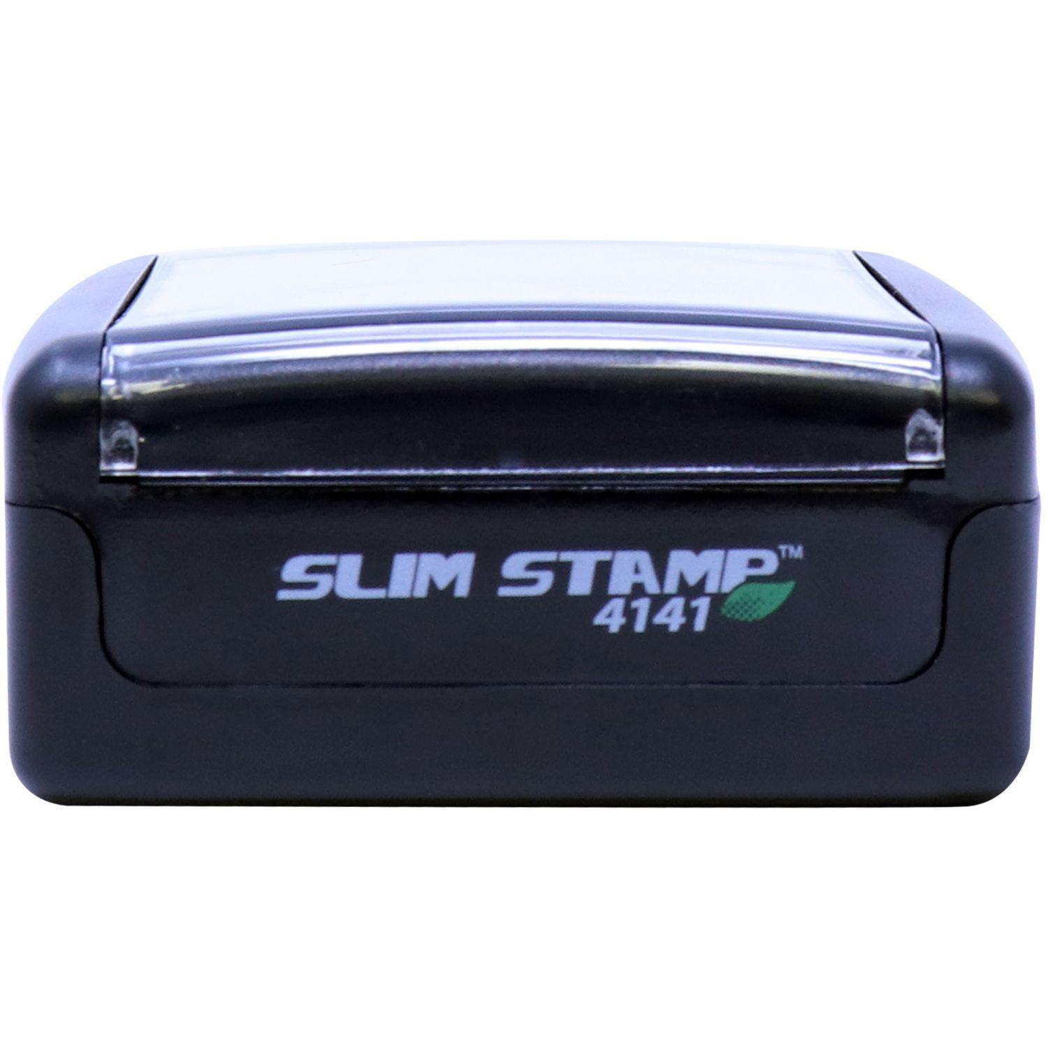 Real Estate Appraiser Slim Pre Inked Rubber Stamp of Seal, black casing, compact design, with Slim Stamp 4141 text on the front.