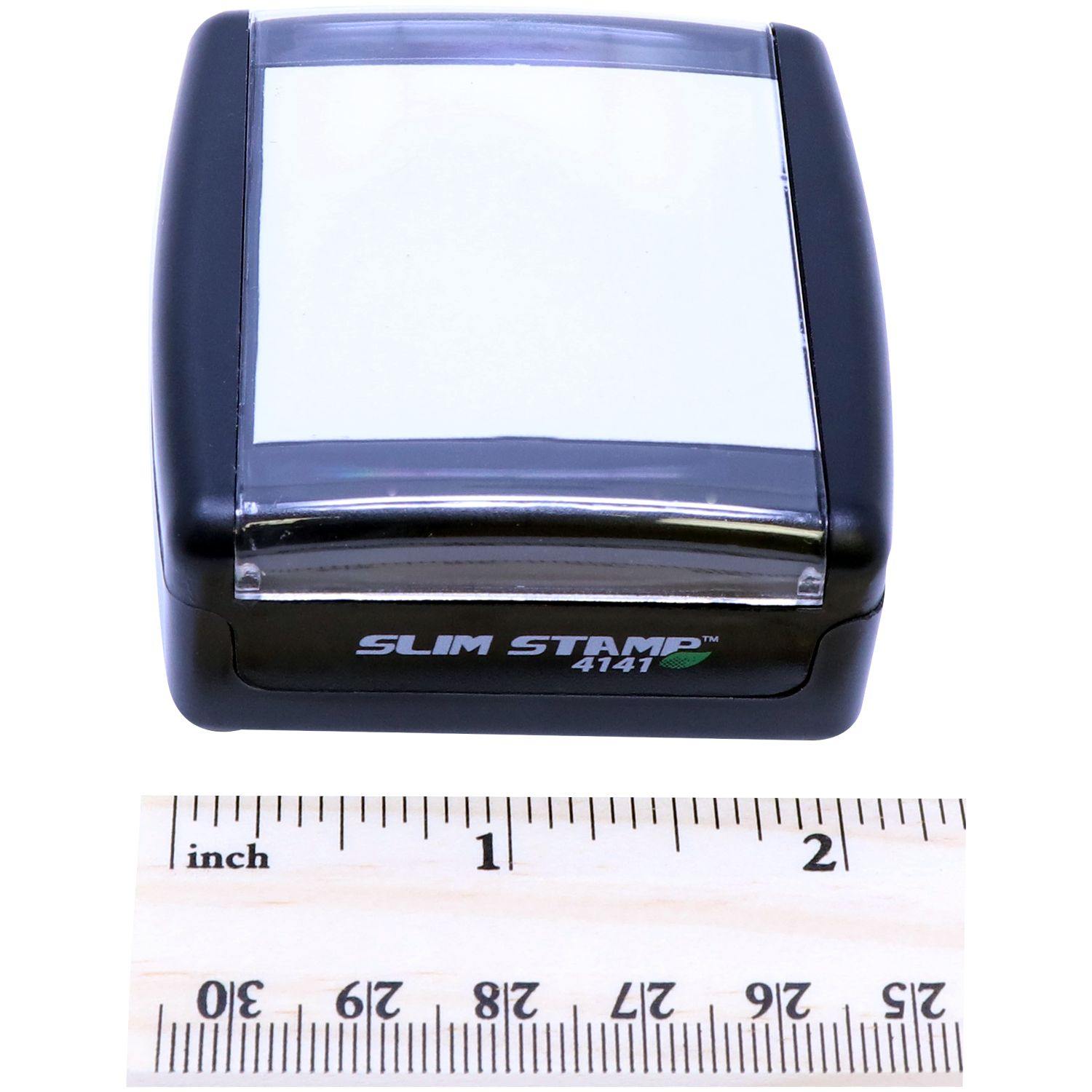 Professional Slim Pre-Inked Rubber Stamp of Seal shown with a ruler for scale, highlighting its compact and sleek design.