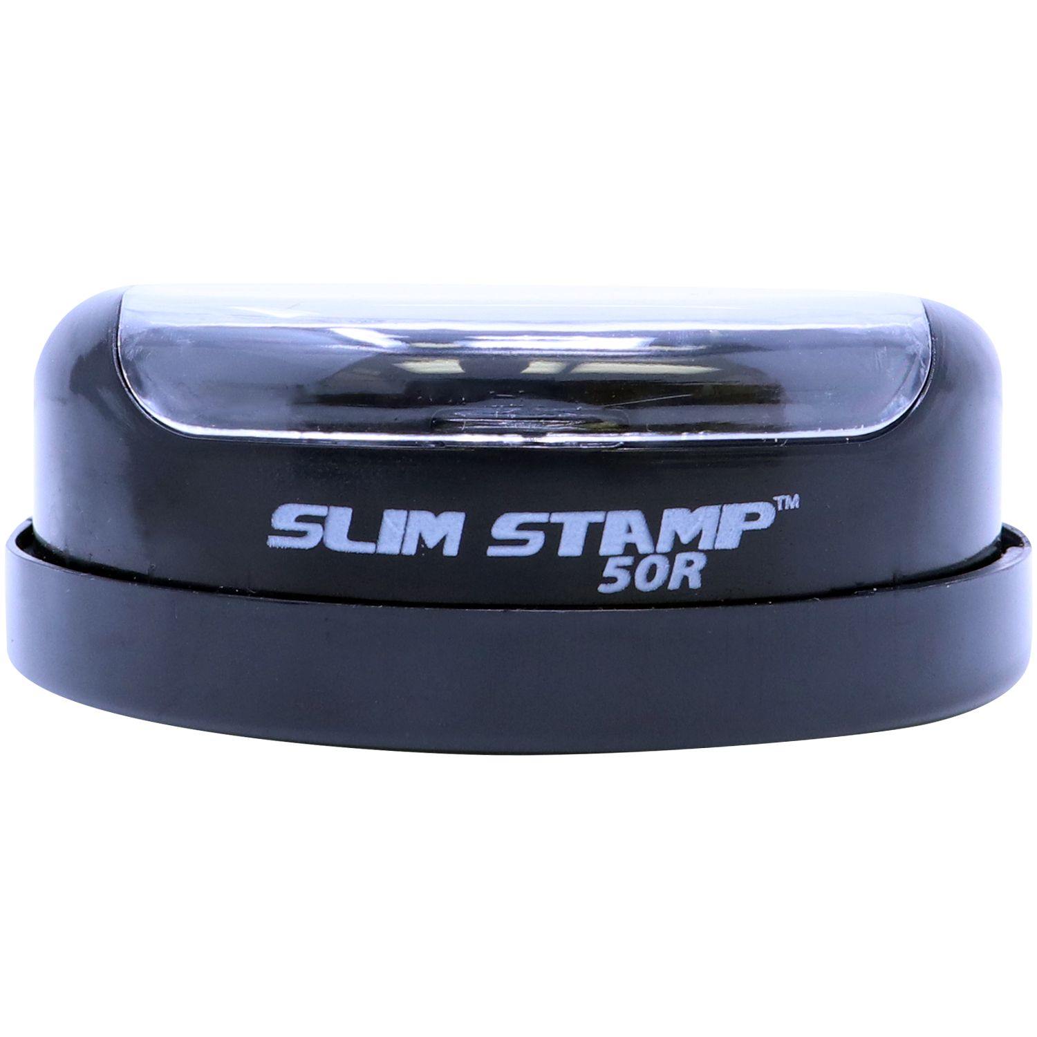 Forester Slim Pre-Inked Rubber Stamp of Seal, black, oval-shaped, with SLIM STAMP 50R text on the front, transparent top cover.