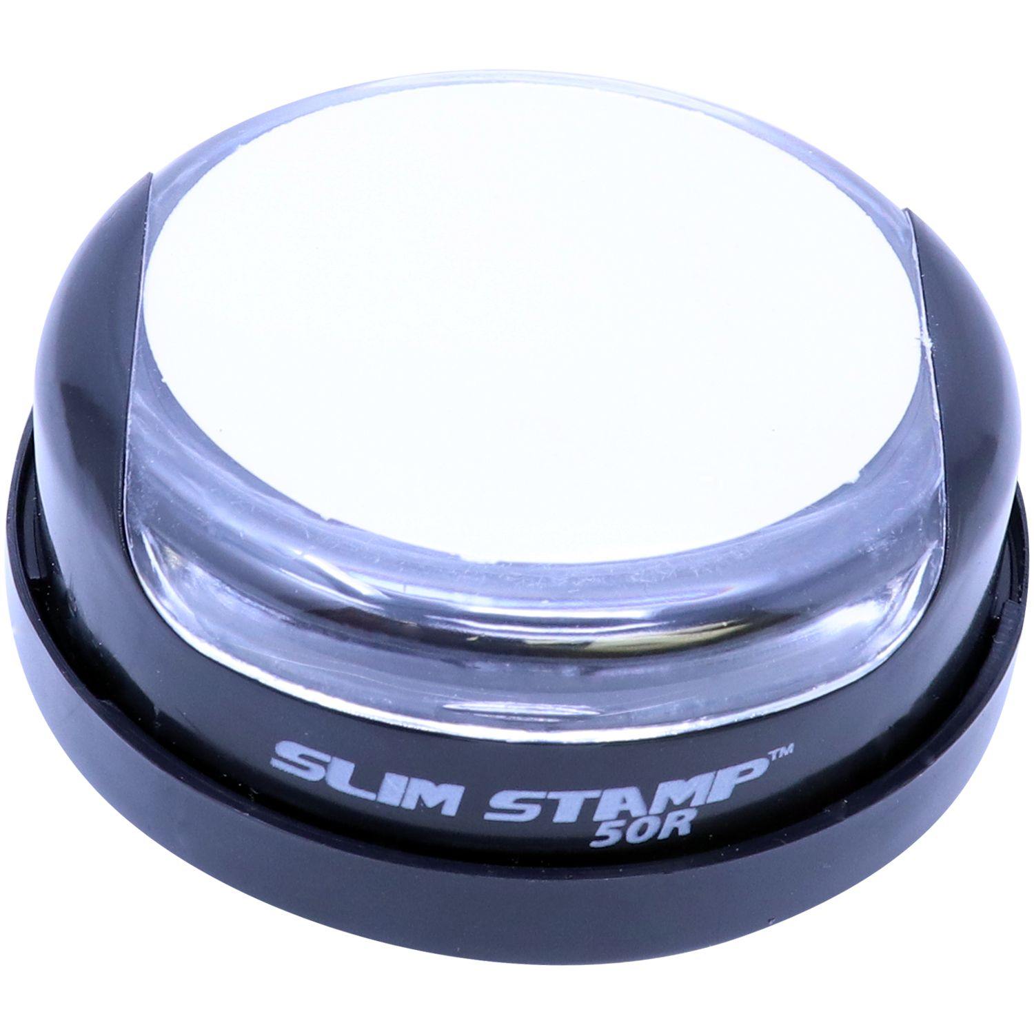 Professional Slim Pre-Inked Rubber Stamp of Seal, round, black casing with clear top, labeled SLIM STAMP 50R on the front.