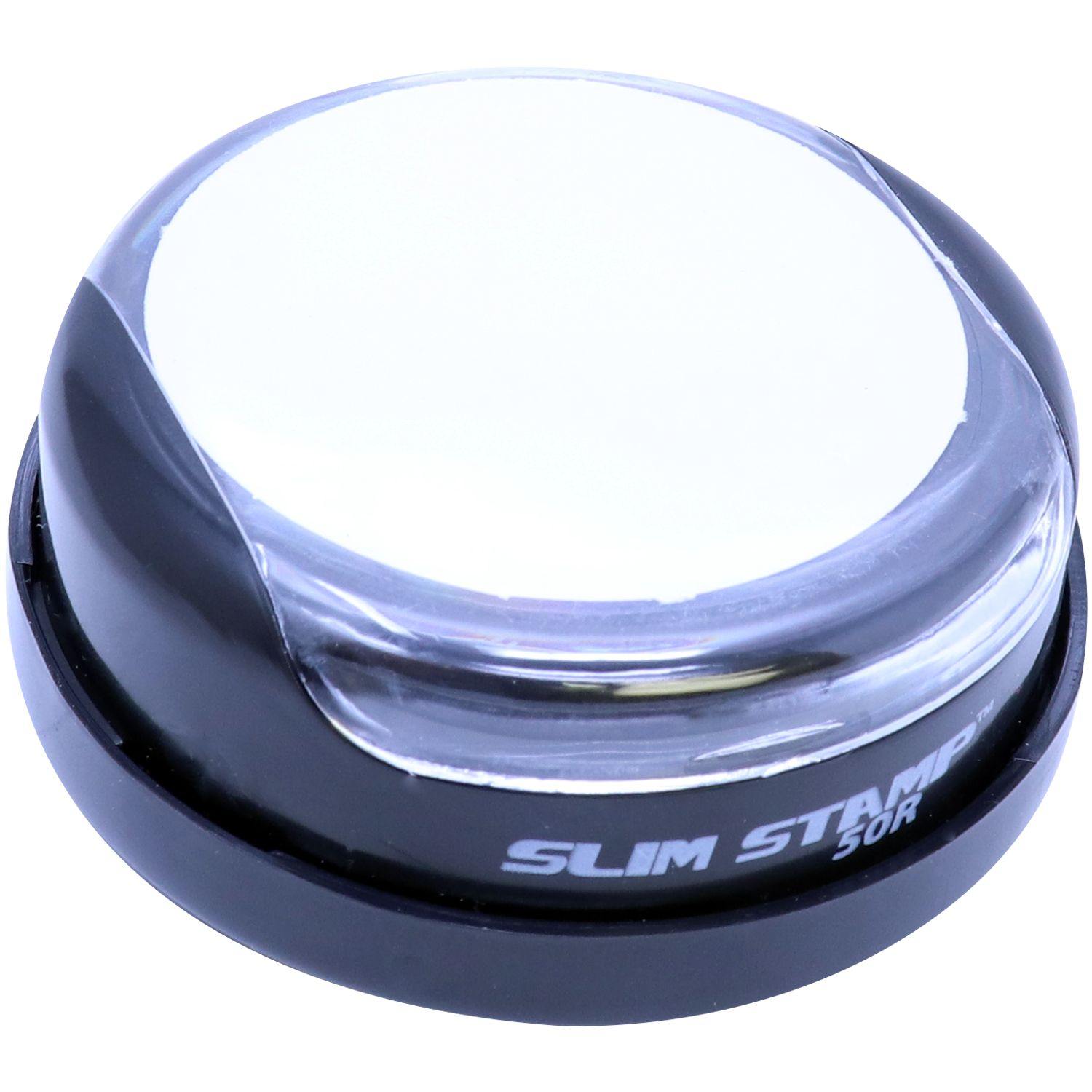 Image of the Interior Designer Slim Pre Inked Rubber Stamp of Seal, model 50R, with a sleek black and white design, viewed from the top side.