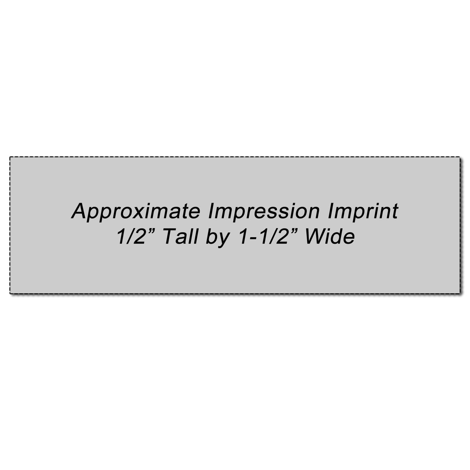 Self Inking Physical Due Stamp with an approximate impression imprint of 1/2 tall by 1-1/2 wide, displayed on a grey background.