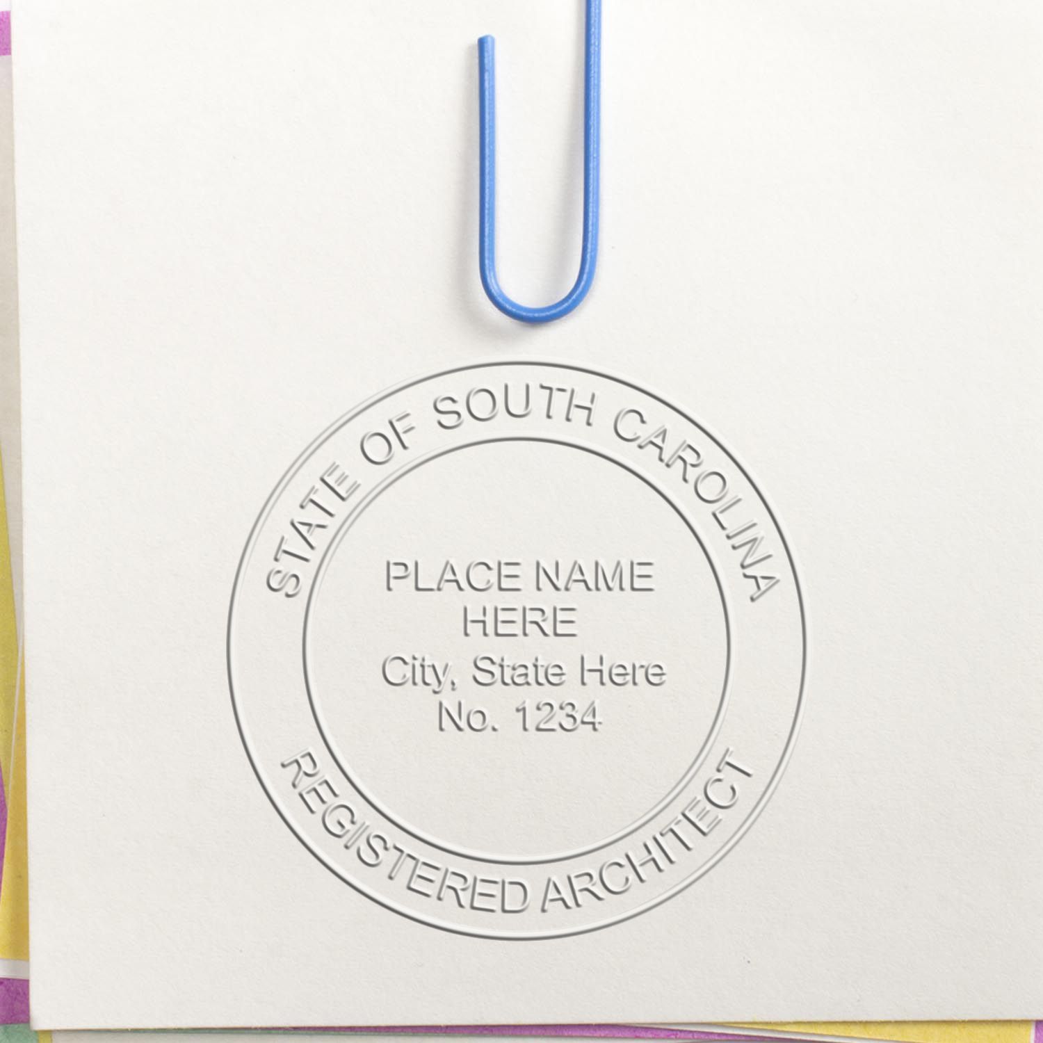 The Gift South Carolina Architect Seal stamp impression comes to life with a crisp, detailed image stamped on paper - showcasing true professional quality.