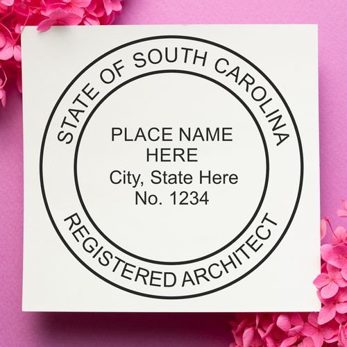 South Carolina Architect Seal Stamp on white paper with pink background and pink flowers.