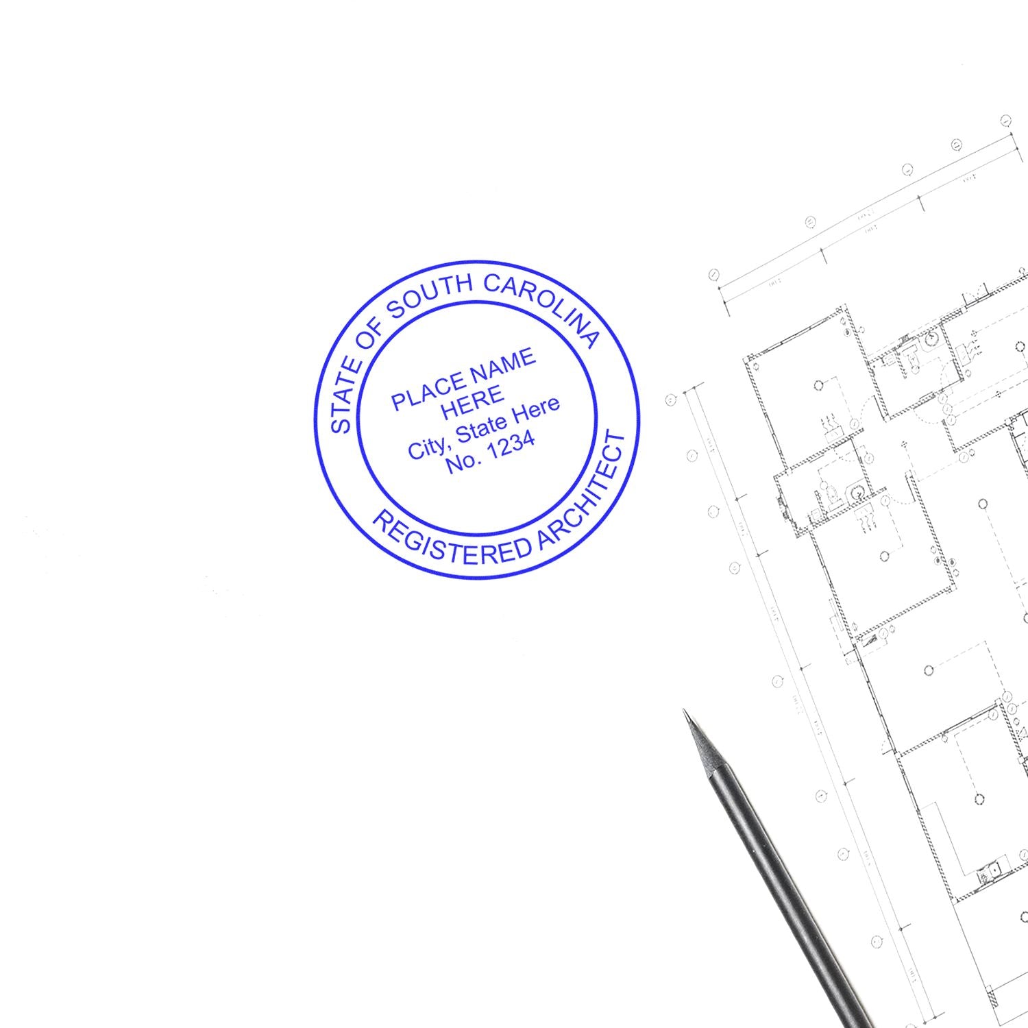 South Carolina Architect Seal Stamp on a blueprint with a pen nearby, showing the stamp's design and placement on architectural plans."