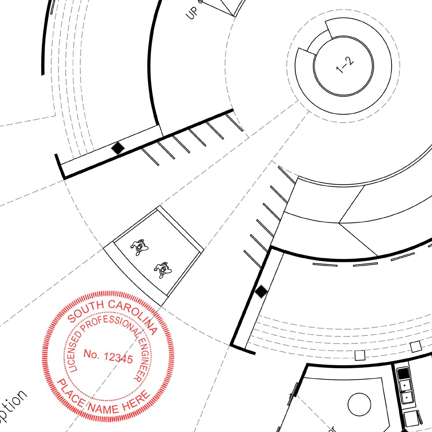 Another Example of a stamped impression of the Premium MaxLight Pre-Inked South Carolina Engineering Stamp on a piece of office paper.