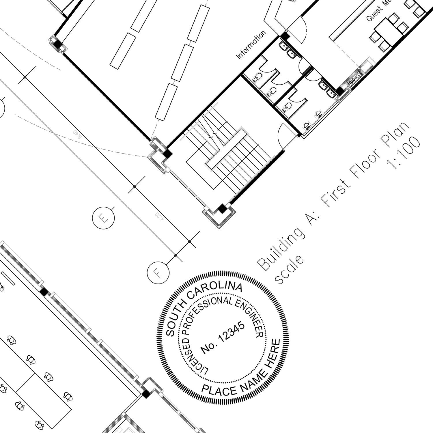 An alternative view of the Premium MaxLight Pre-Inked South Carolina Engineering Stamp stamped on a sheet of paper showing the image in use