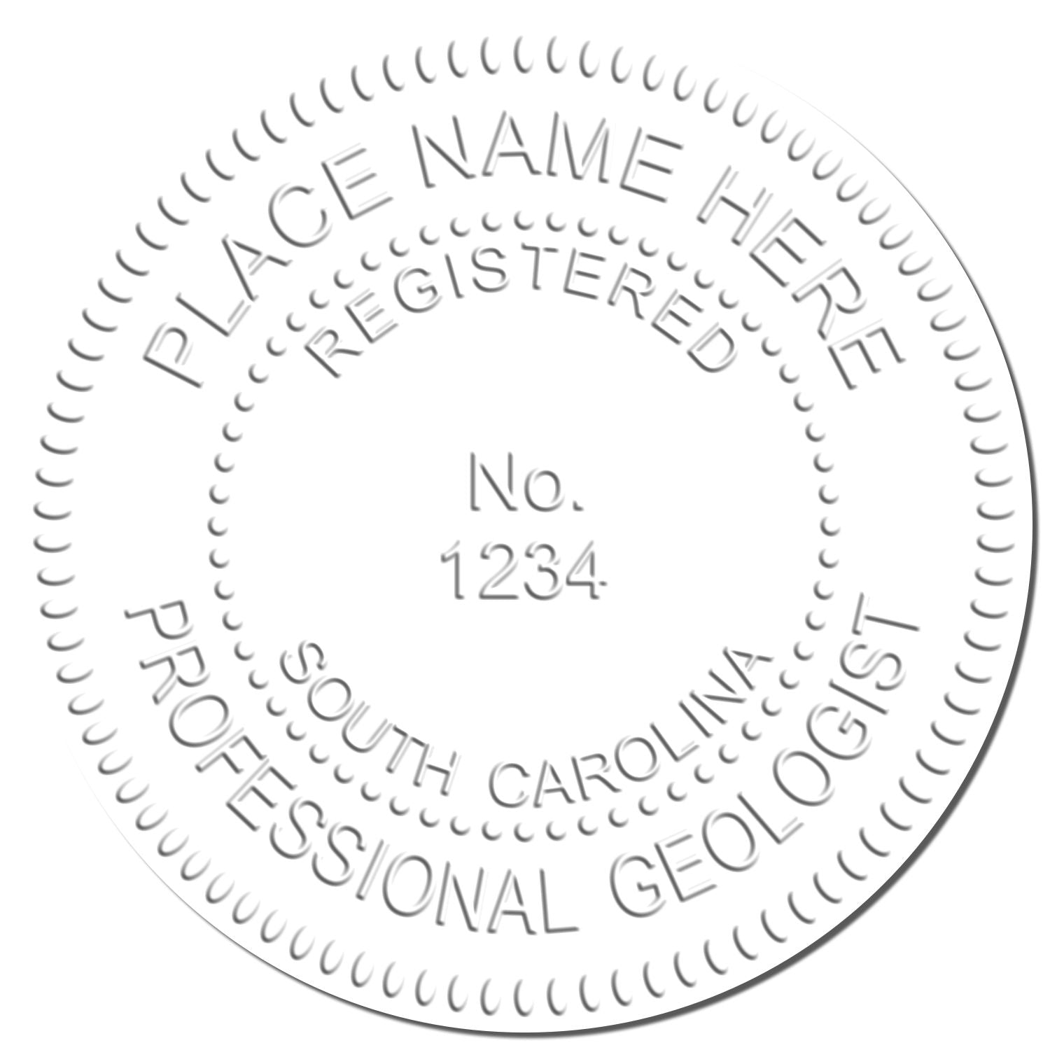 An in use photo of the Heavy Duty Cast Iron South Carolina Geologist Seal Embosser showing a sample imprint on a cardstock