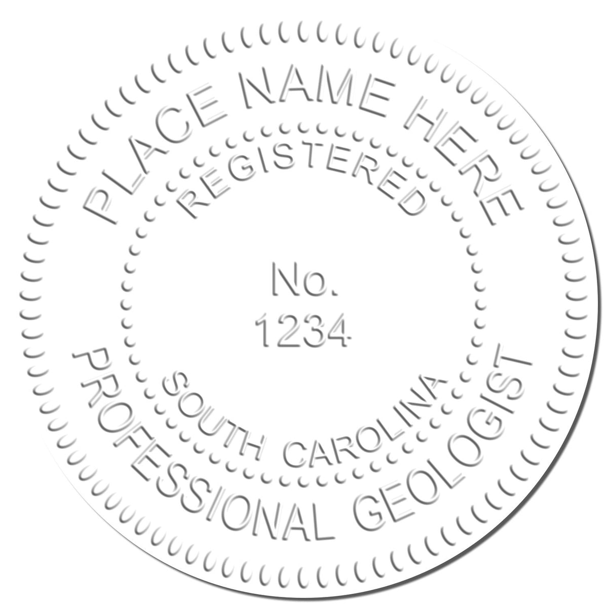 An in use photo of the Heavy Duty Cast Iron South Carolina Geologist Seal Embosser showing a sample imprint on a cardstock
