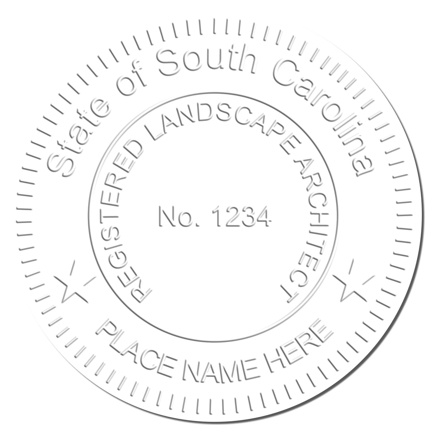 This paper is stamped with a sample imprint of the Soft Pocket South Carolina Landscape Architect Embosser, signifying its quality and reliability.