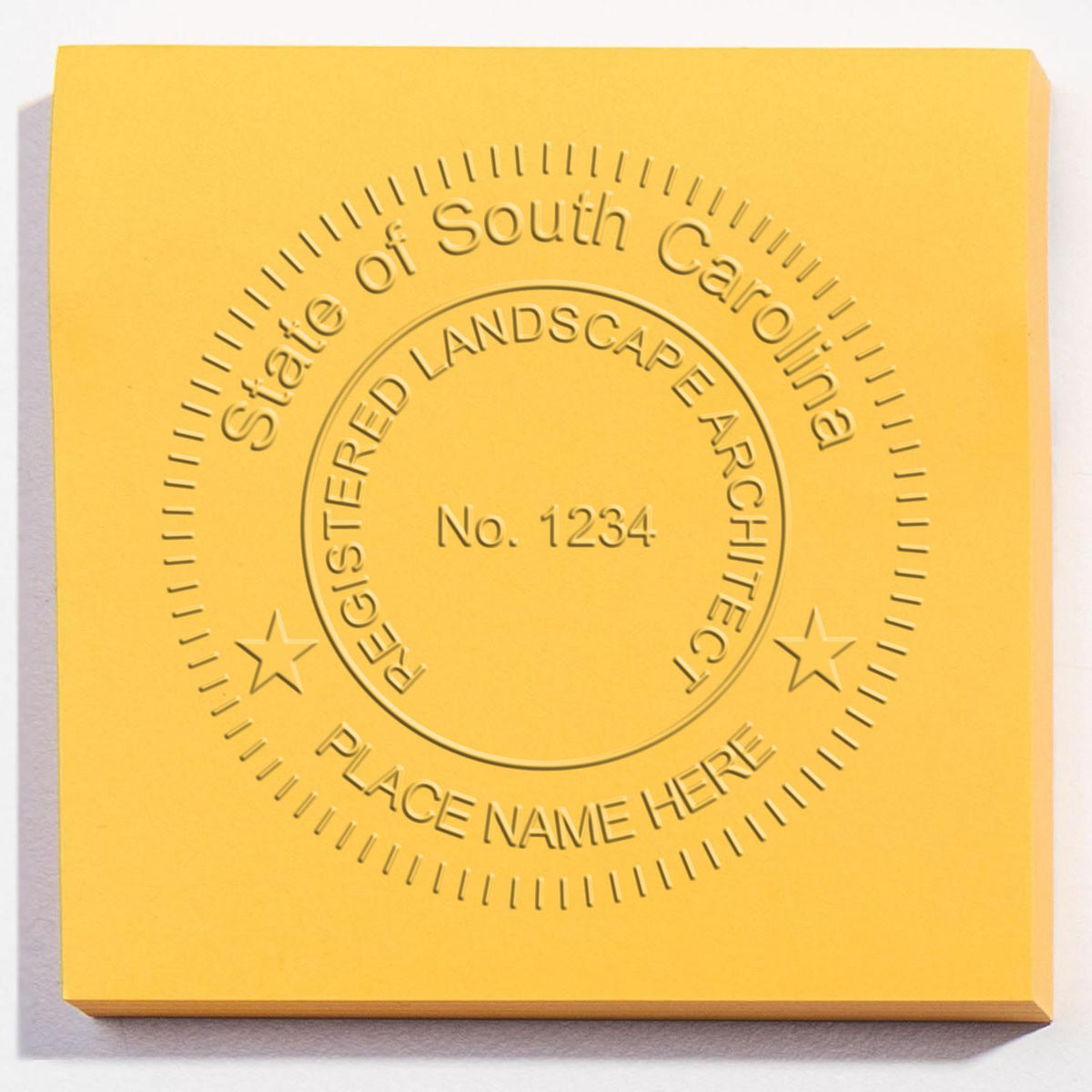 A photograph of the Hybrid South Carolina Landscape Architect Seal stamp impression reveals a vivid, professional image of the on paper.