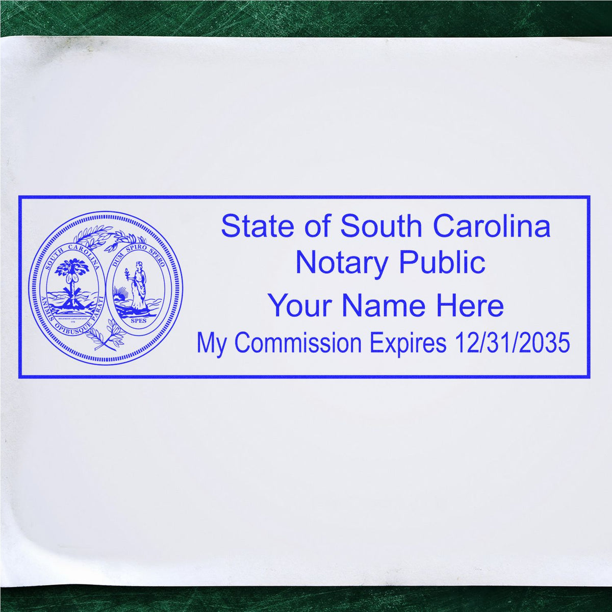 A lifestyle photo showing a stamped image of the Wooden Handle South Carolina State Seal Notary Public Stamp on a piece of paper