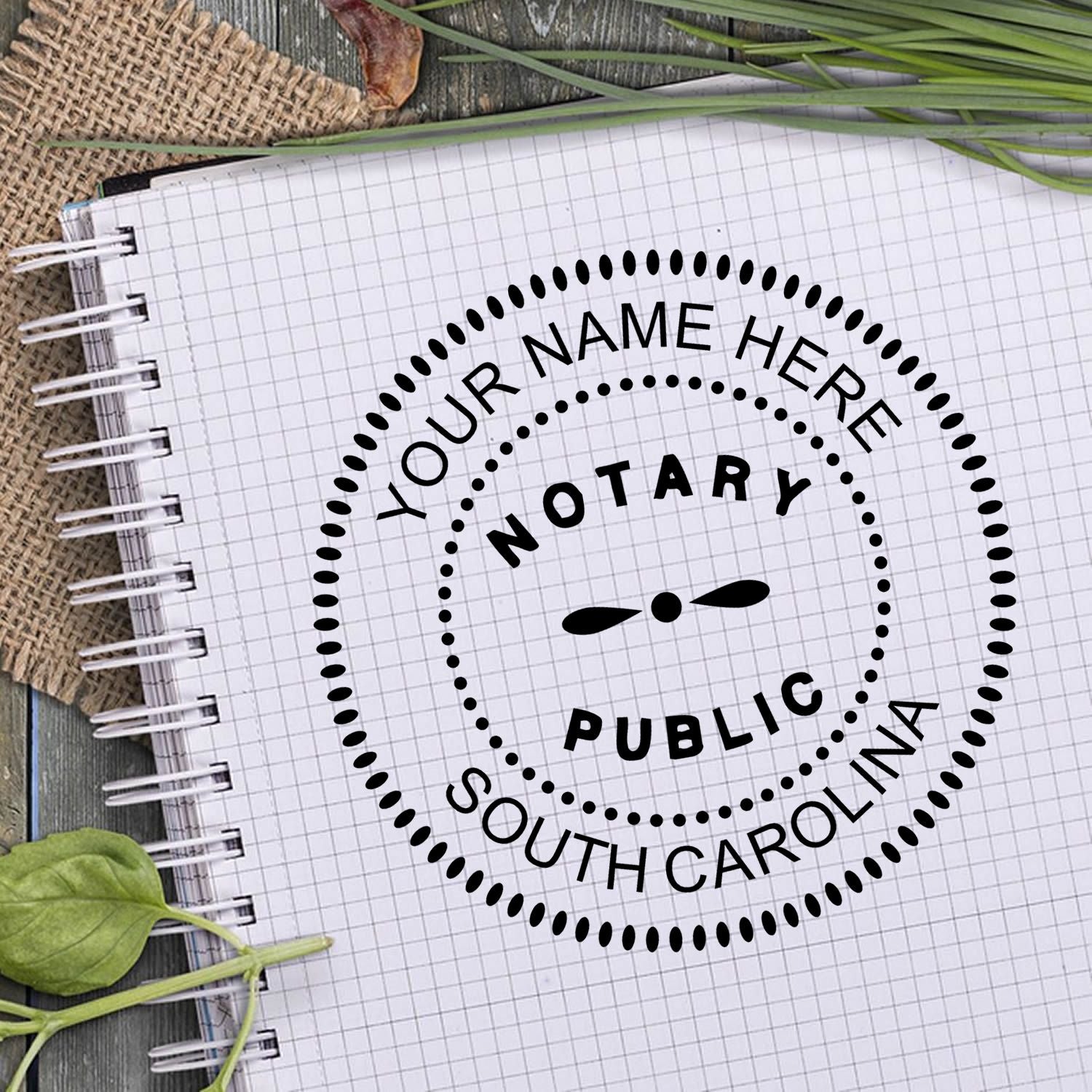 A lifestyle photo showing a stamped image of the Round South Carolina Notary Public Seal Stamp on a piece of paper