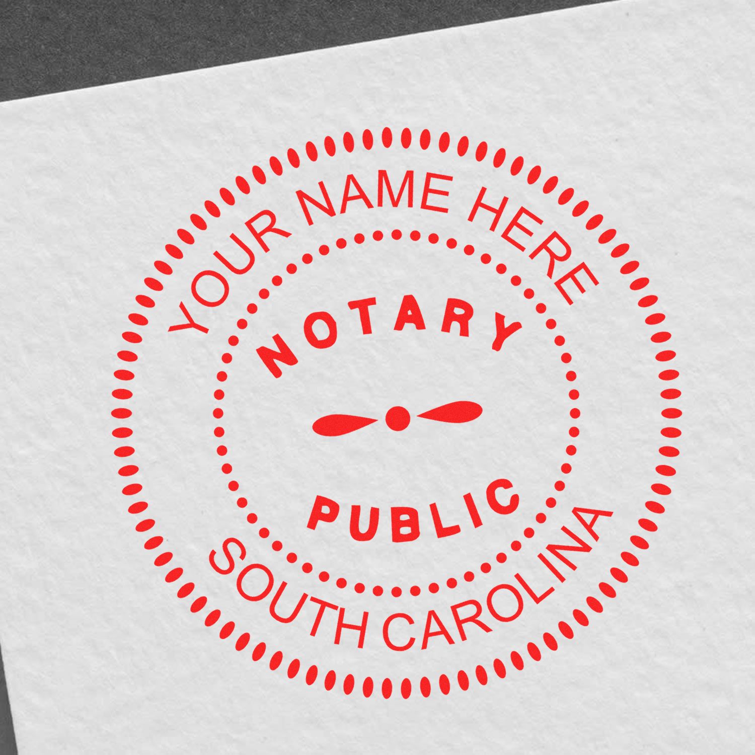 Round South Carolina Notary Public Seal Stamp in use photo showing a stamped imprint of the Round South Carolina Notary Public Seal Stamp