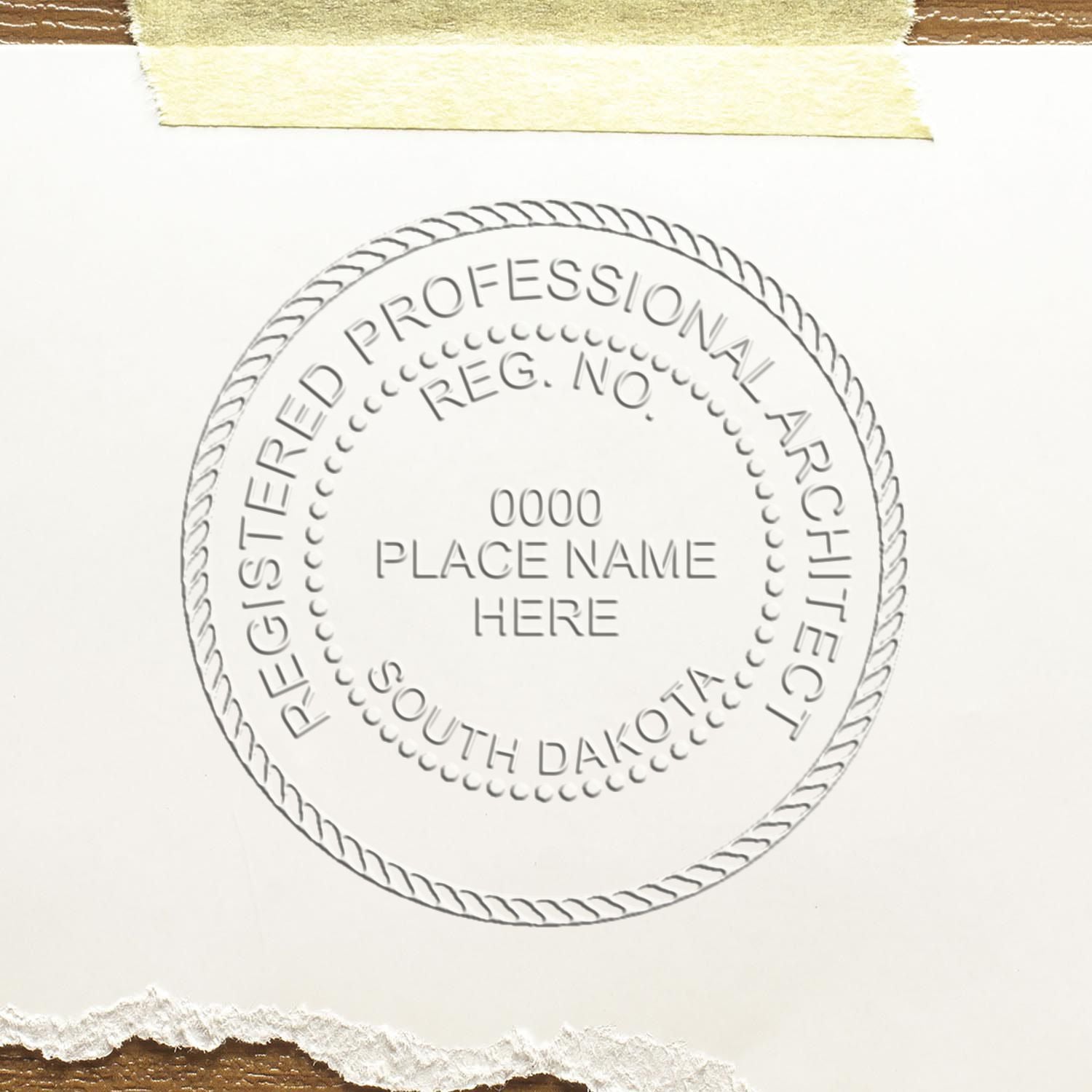 A stamped impression of the State of South Dakota Architectural Seal Embosser in this stylish lifestyle photo, setting the tone for a unique and personalized product.