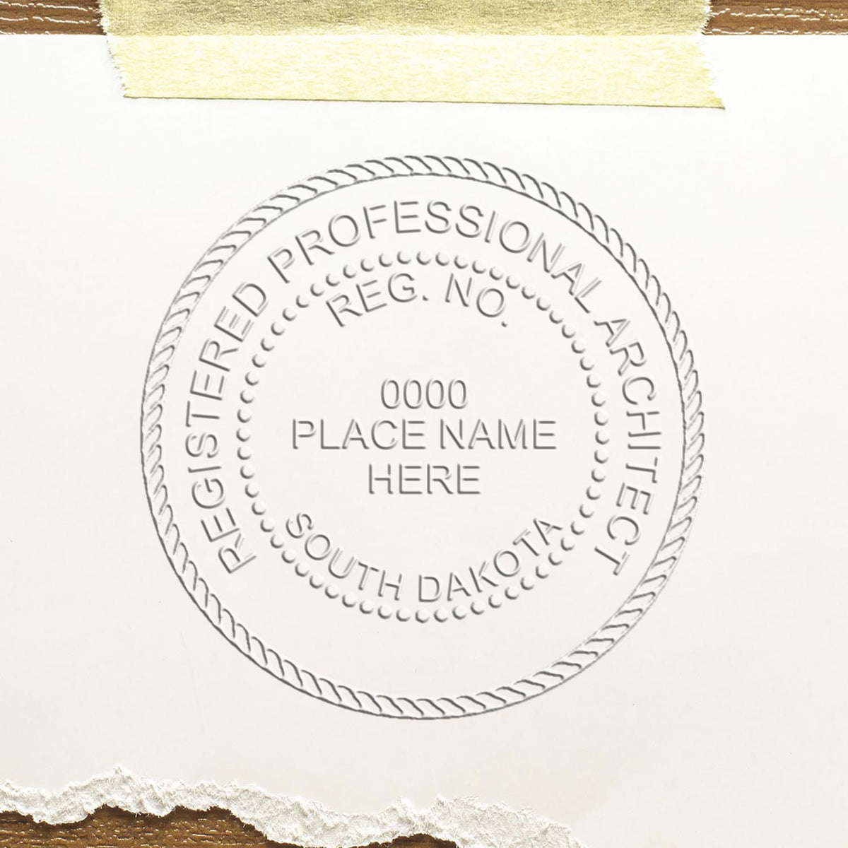 This paper is stamped with a sample imprint of the Extended Long Reach South Dakota Architect Seal Embosser, signifying its quality and reliability.