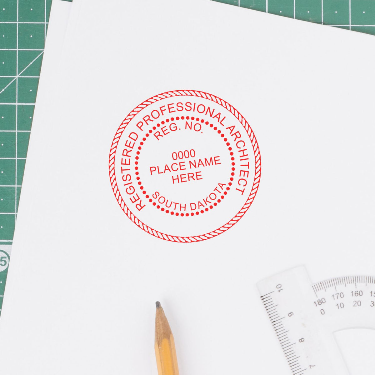 The Slim Pre-Inked South Dakota Architect Seal Stamp stamp impression comes to life with a crisp, detailed photo on paper - showcasing true professional quality.