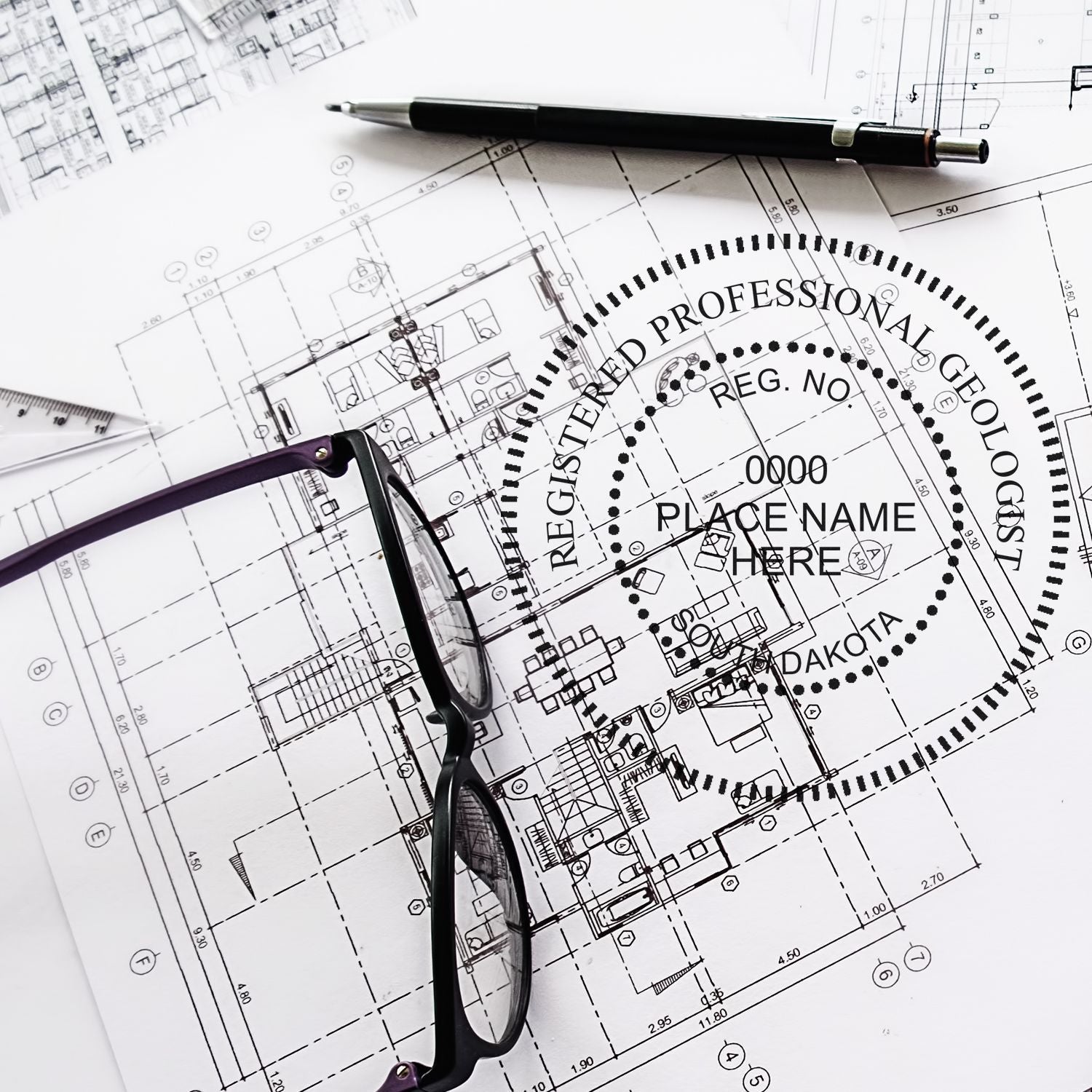 A photograph of the South Dakota Professional Geologist Seal Stamp stamp impression reveals a vivid, professional image of the on paper.
