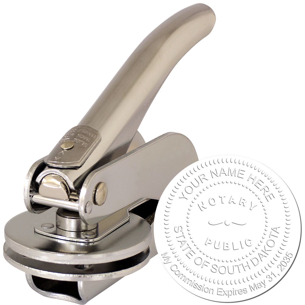 The main image for the South Dakota Handheld Notary Seal Embosser depicting a sample of the imprint and electronic files