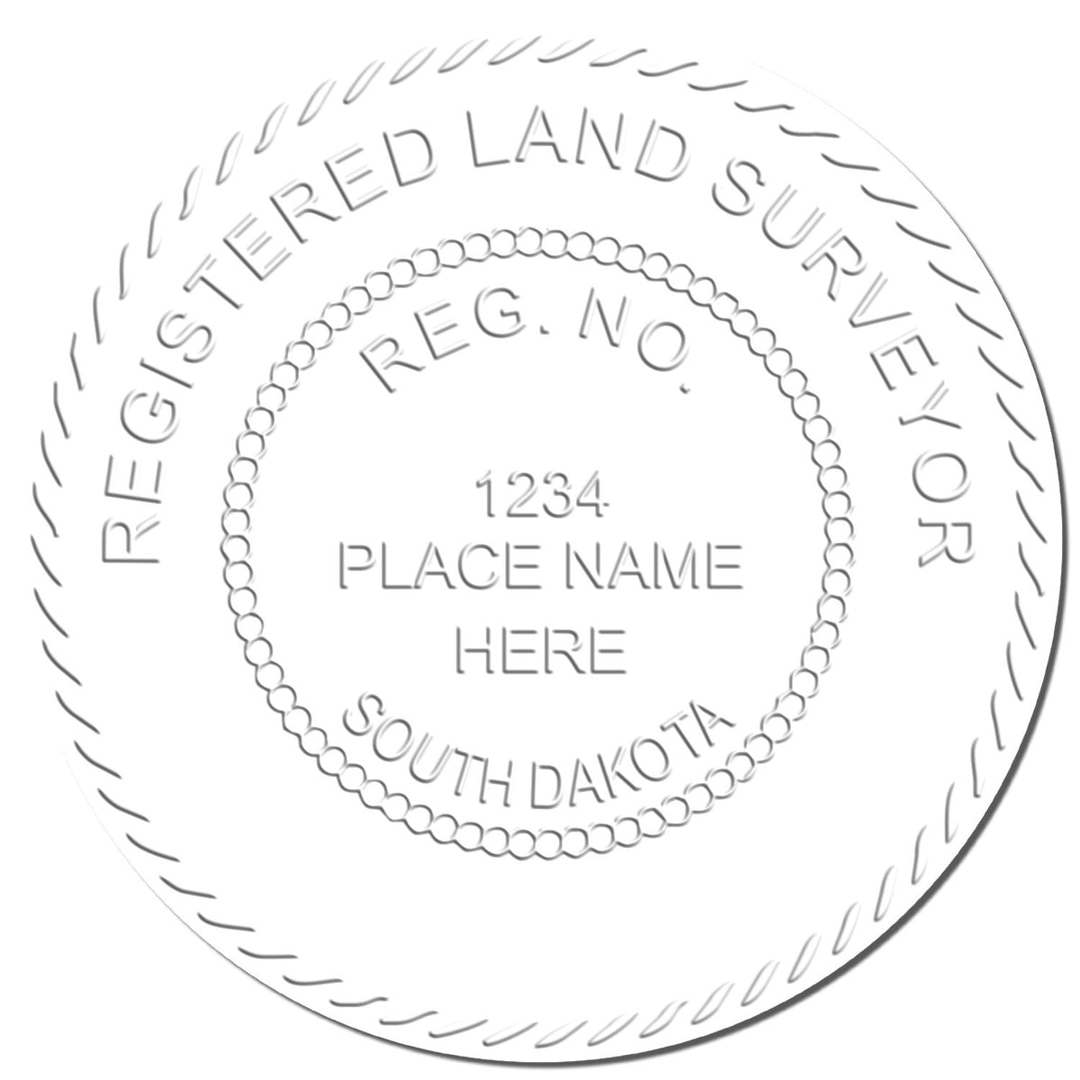 This paper is stamped with a sample imprint of the State of South Dakota Soft Land Surveyor Embossing Seal, signifying its quality and reliability.