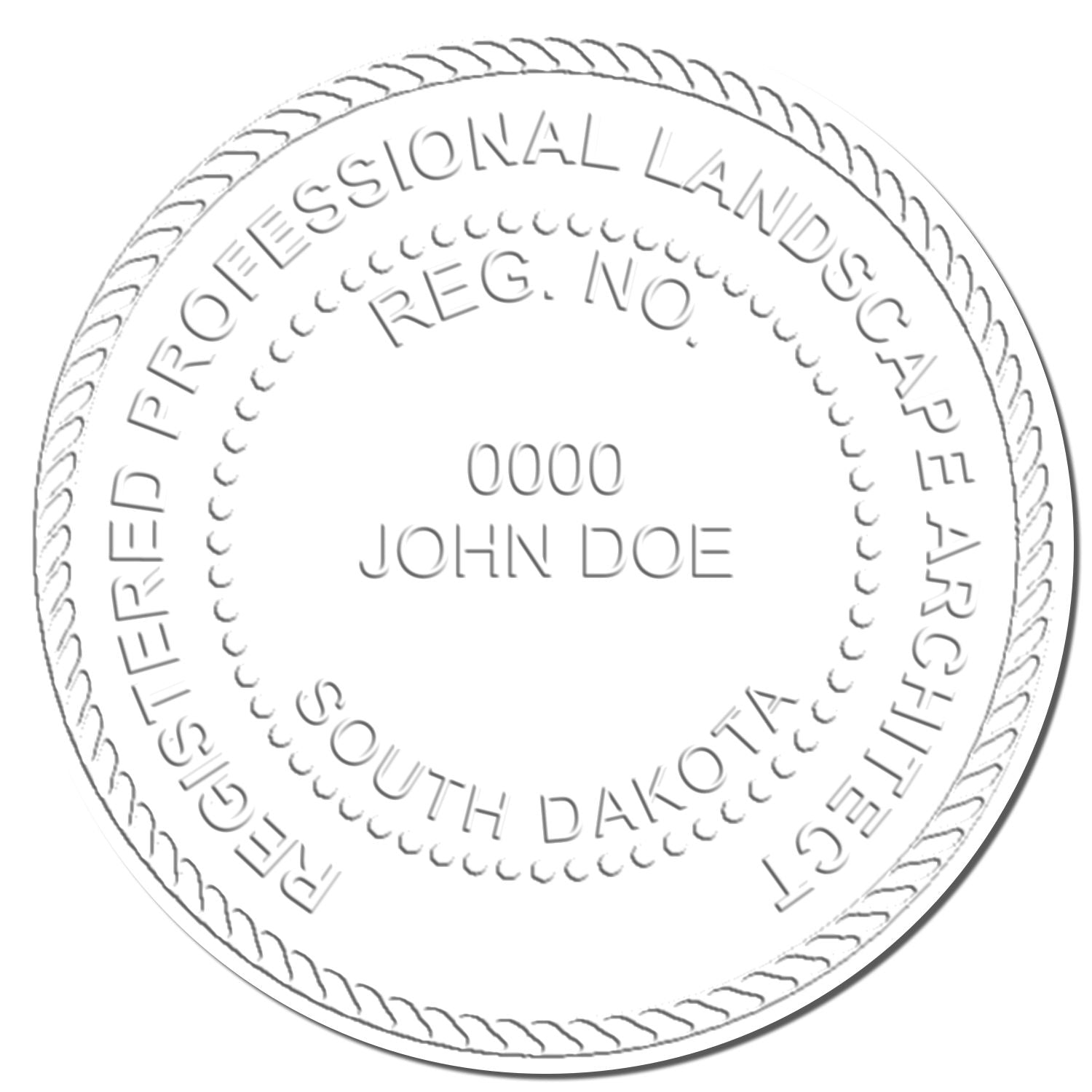 This paper is stamped with a sample imprint of the Heavy Duty South Dakota Landscape Architect Cast Iron Embosser, signifying its quality and reliability.