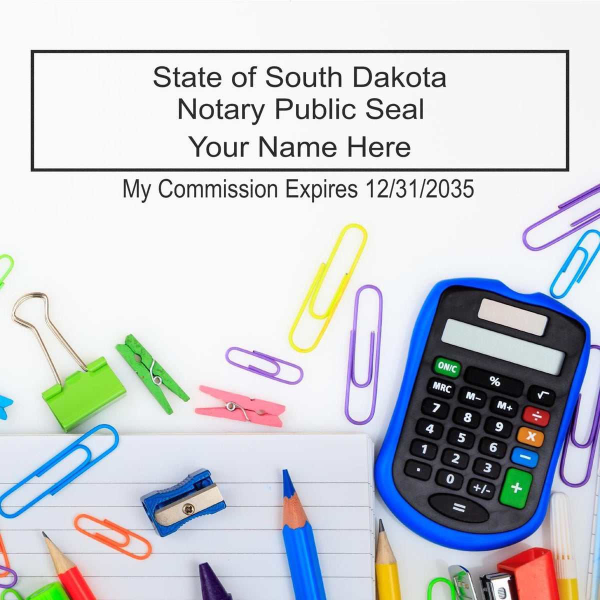 A photograph of the Wooden Handle South Dakota Rectangular Notary Public Stamp stamp impression reveals a vivid, professional image of the on paper.
