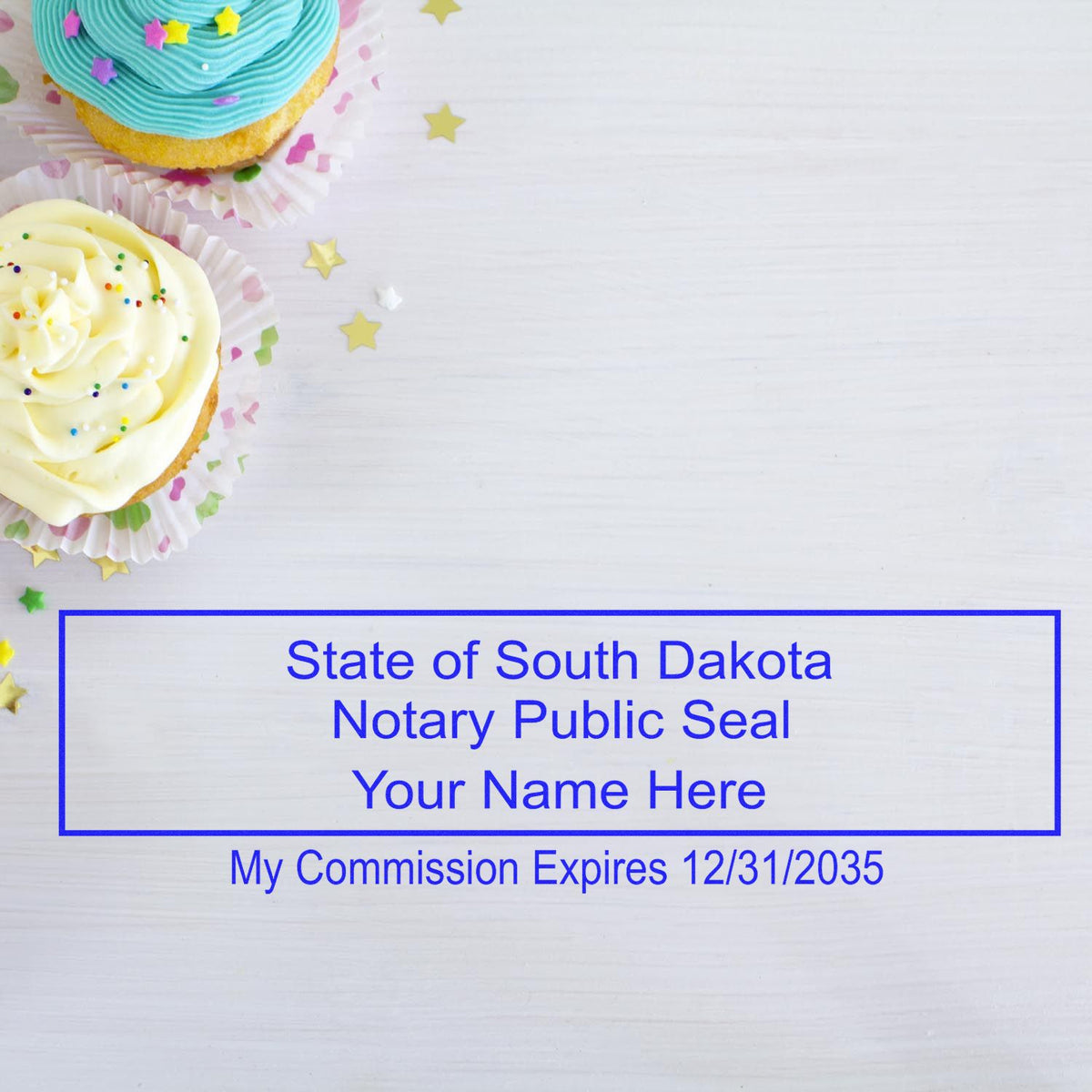 An alternative view of the Heavy-Duty South Dakota Rectangular Notary Stamp stamped on a sheet of paper showing the image in use