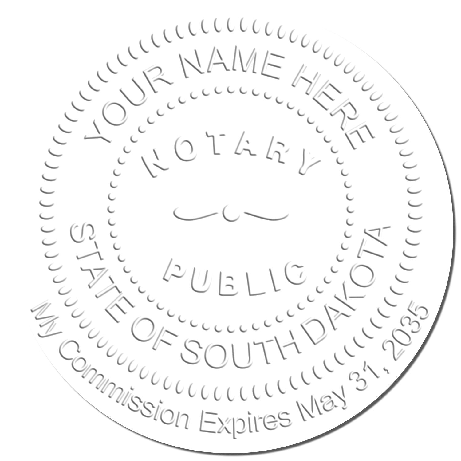 This paper is stamped with a sample imprint of the South Dakota Handheld Notary Seal Embosser, signifying its quality and reliability.