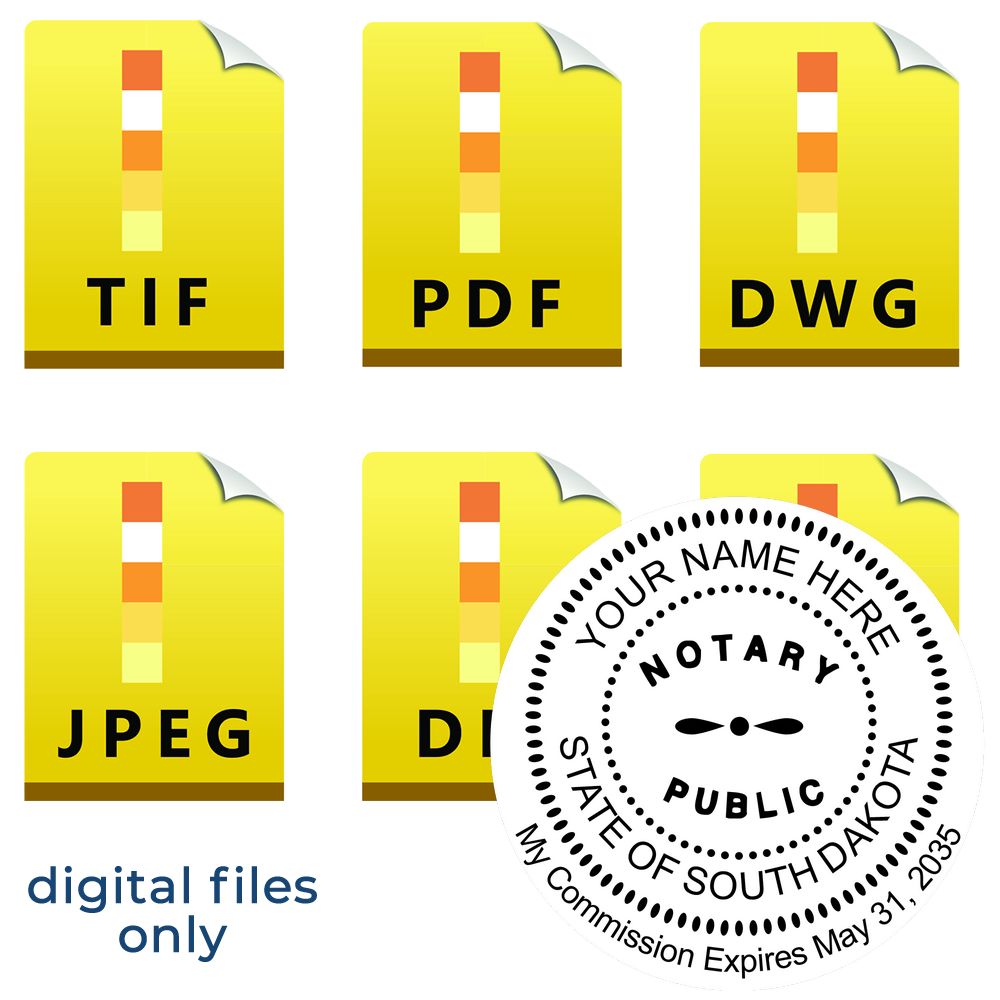 The main image for the South Dakota Round Electronic Notary Stamp depicting a sample of the imprint and electronic files