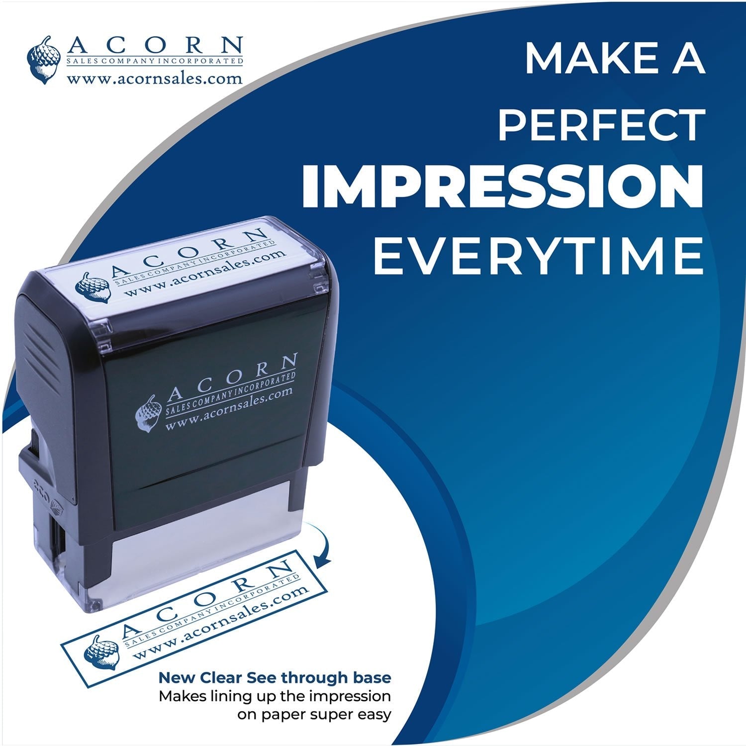 Self Inking Identification Stamp with clear see-through base, shown on a blue background with the text Make a Perfect Impression Everytime.