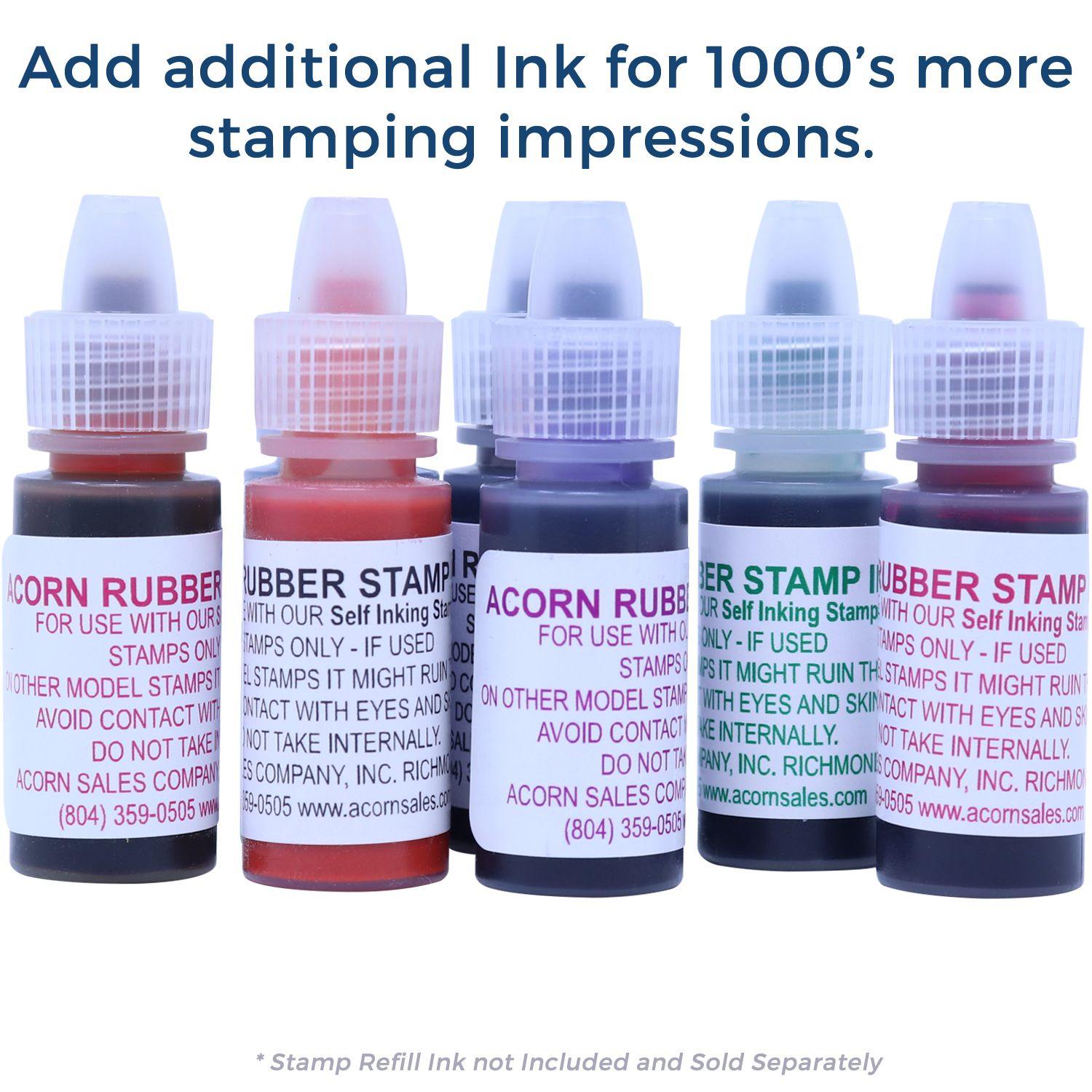 Four bottles of ink for the Large Pre-Inked Cancelled Stamp, labeled Acorn Rubber Stamp Ink, in black, red, blue, and green colors.