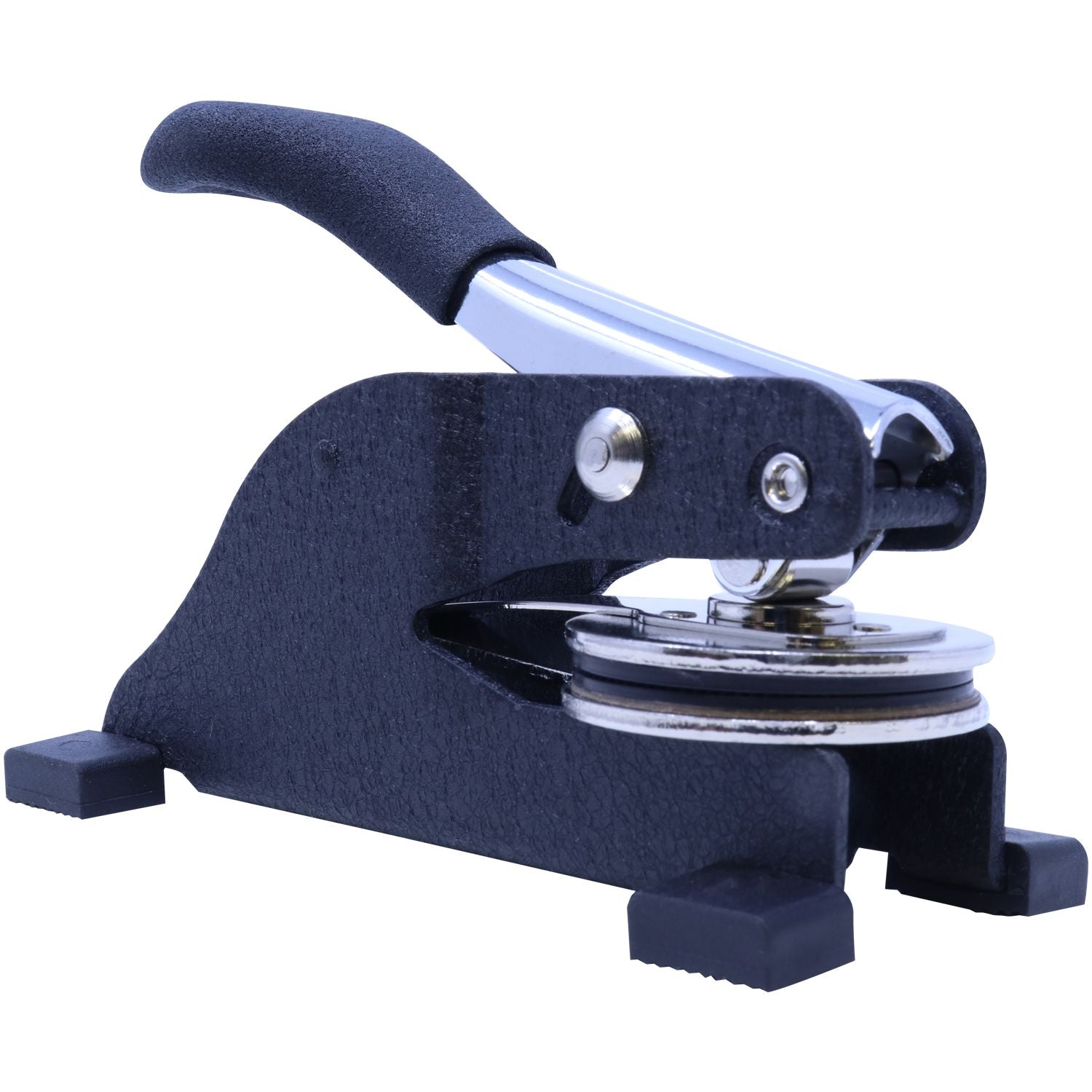 Desk Notary Seal Embosser with a black handle and metal components, angled left side view, designed for creating embossed imprints on documents.