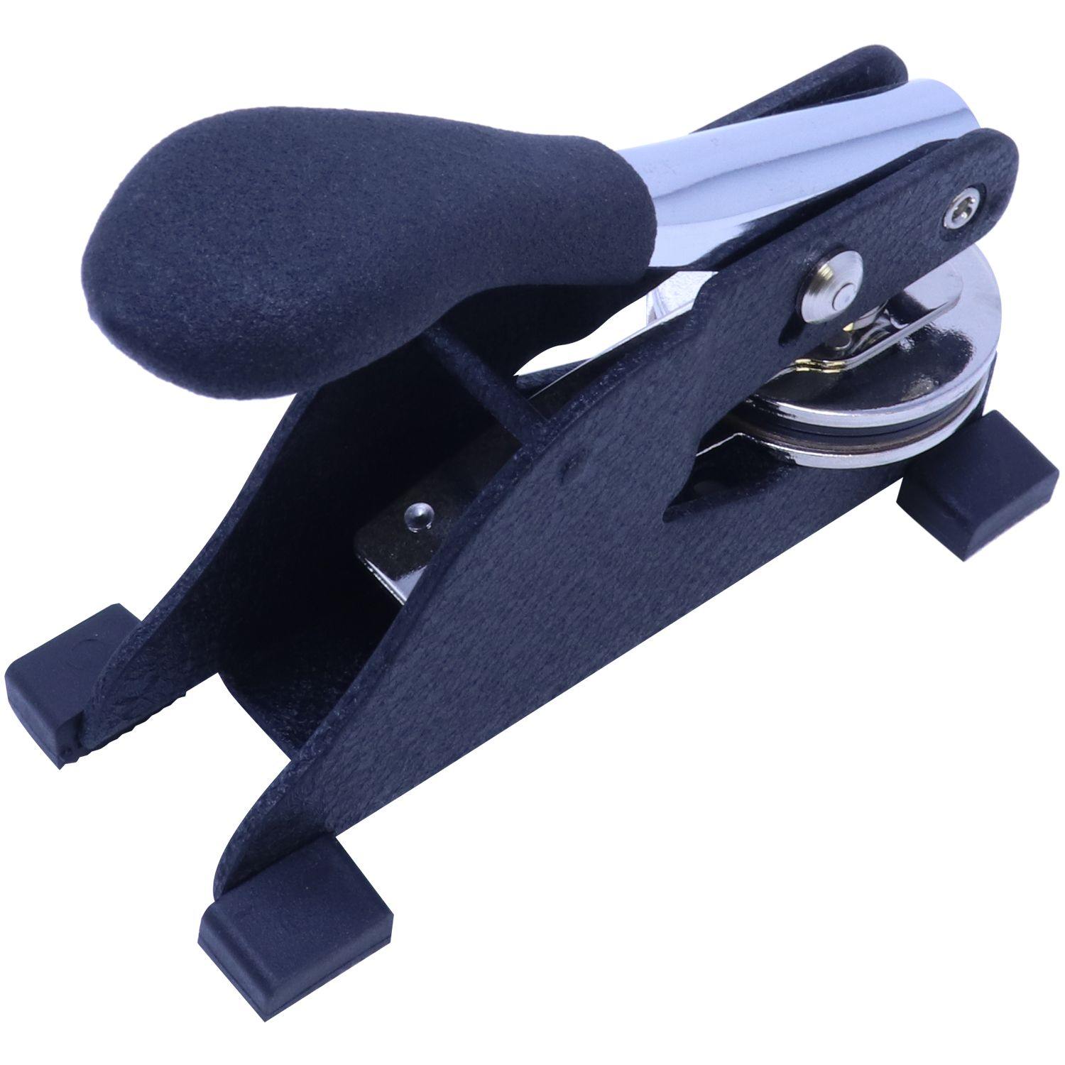 Interior Designer Desk Seal Embosser with a black handle and metal components, angled right side view, placed on a white background.