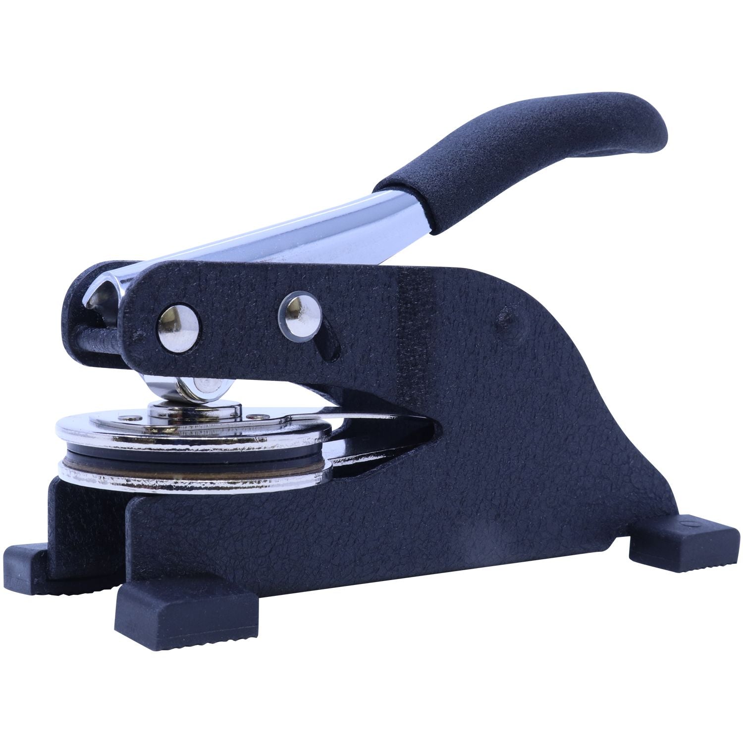 Desk Notary Seal Embosser with a black handle and metal components, designed for creating embossed imprints on documents.