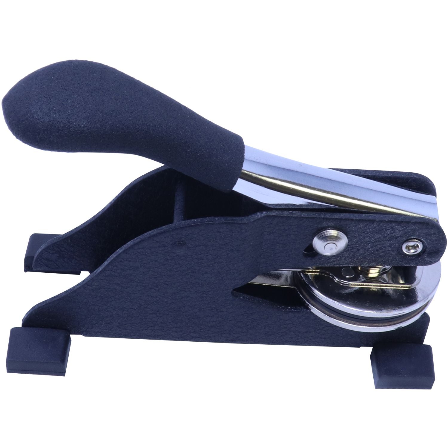 Desk Notary Seal Embosser with a black handle and metal components, designed for creating embossed imprints on documents.