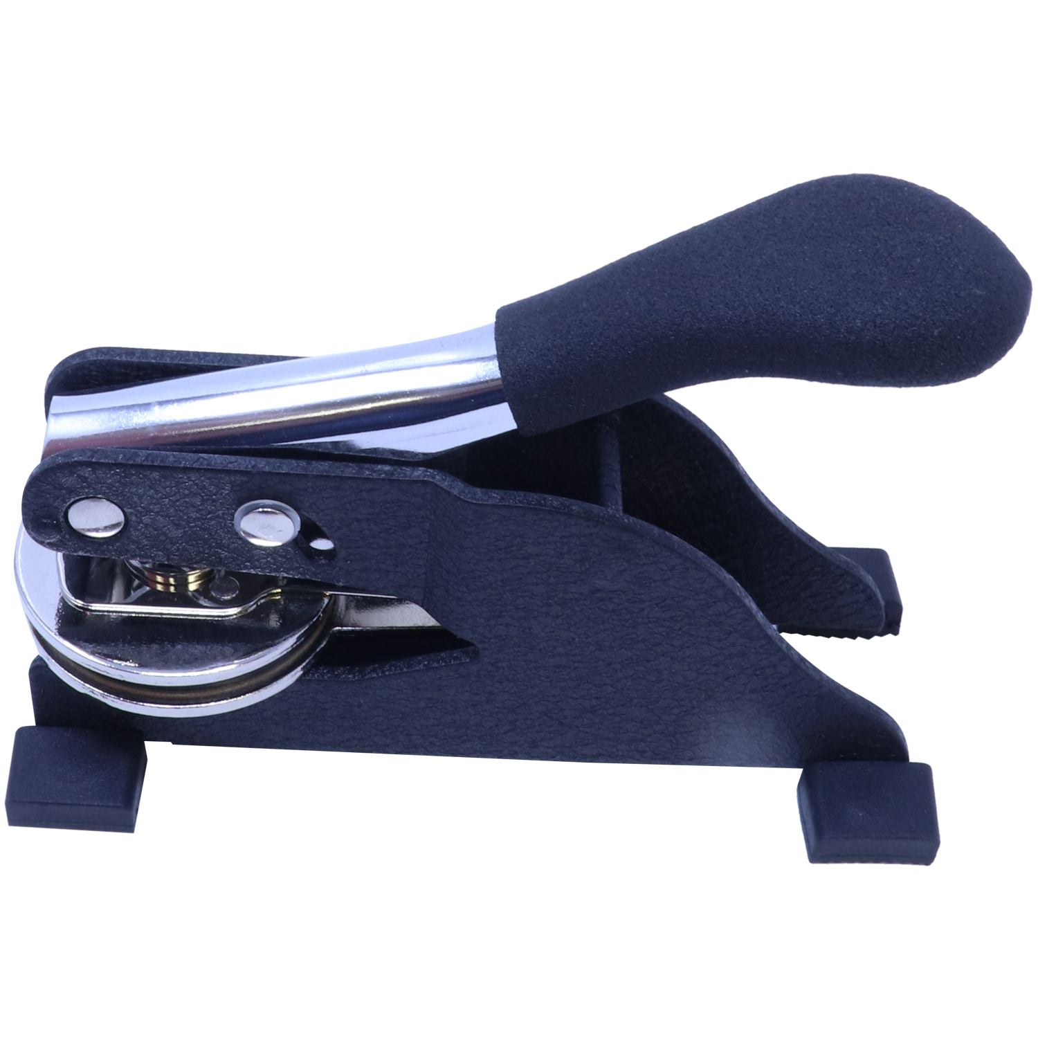 Desk Notary Seal Embosser with a black handle and metal components, designed for creating embossed imprints, shown in a side view.