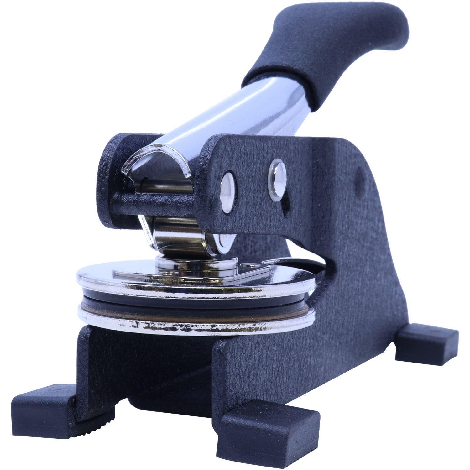 Public Weighmaster Desk Seal Embosser in black, side view, showing detailed embossing mechanism with a comfortable handle.