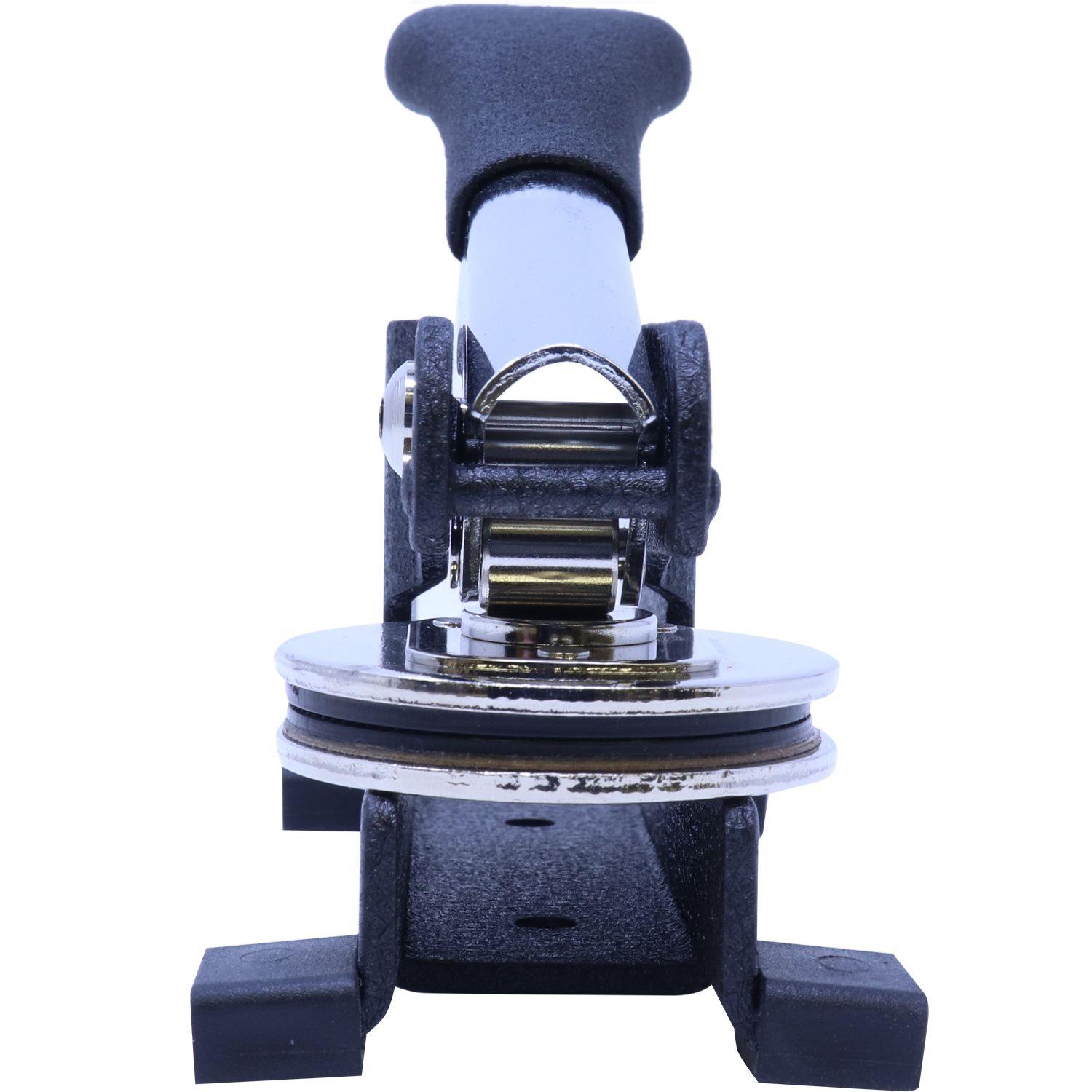 Public Weighmaster Desk Seal Embosser with a black handle and metal components, designed for creating embossed imprints on documents.