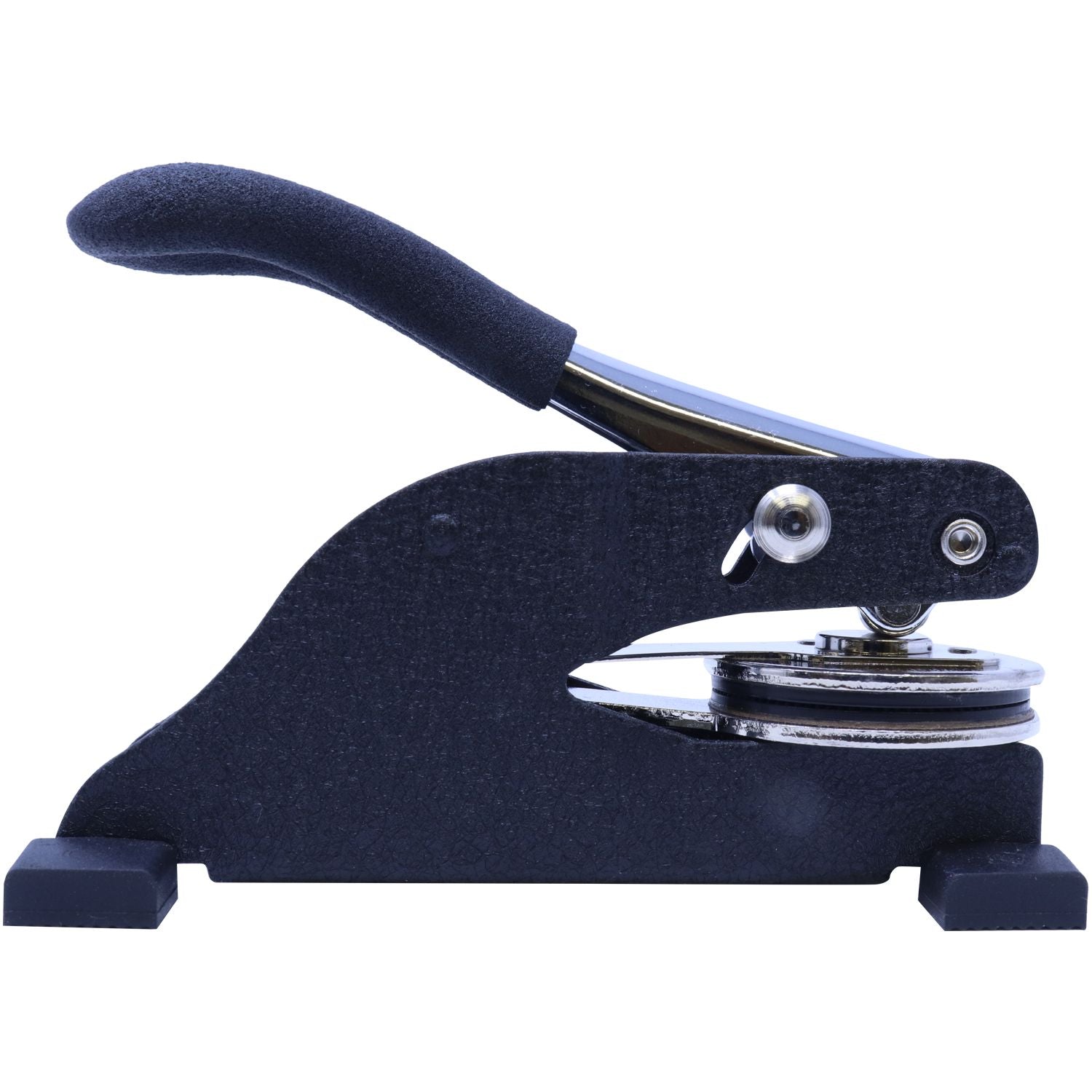 Desk Notary Seal Embosser with a black handle and metal components, designed for creating embossed imprints on documents.