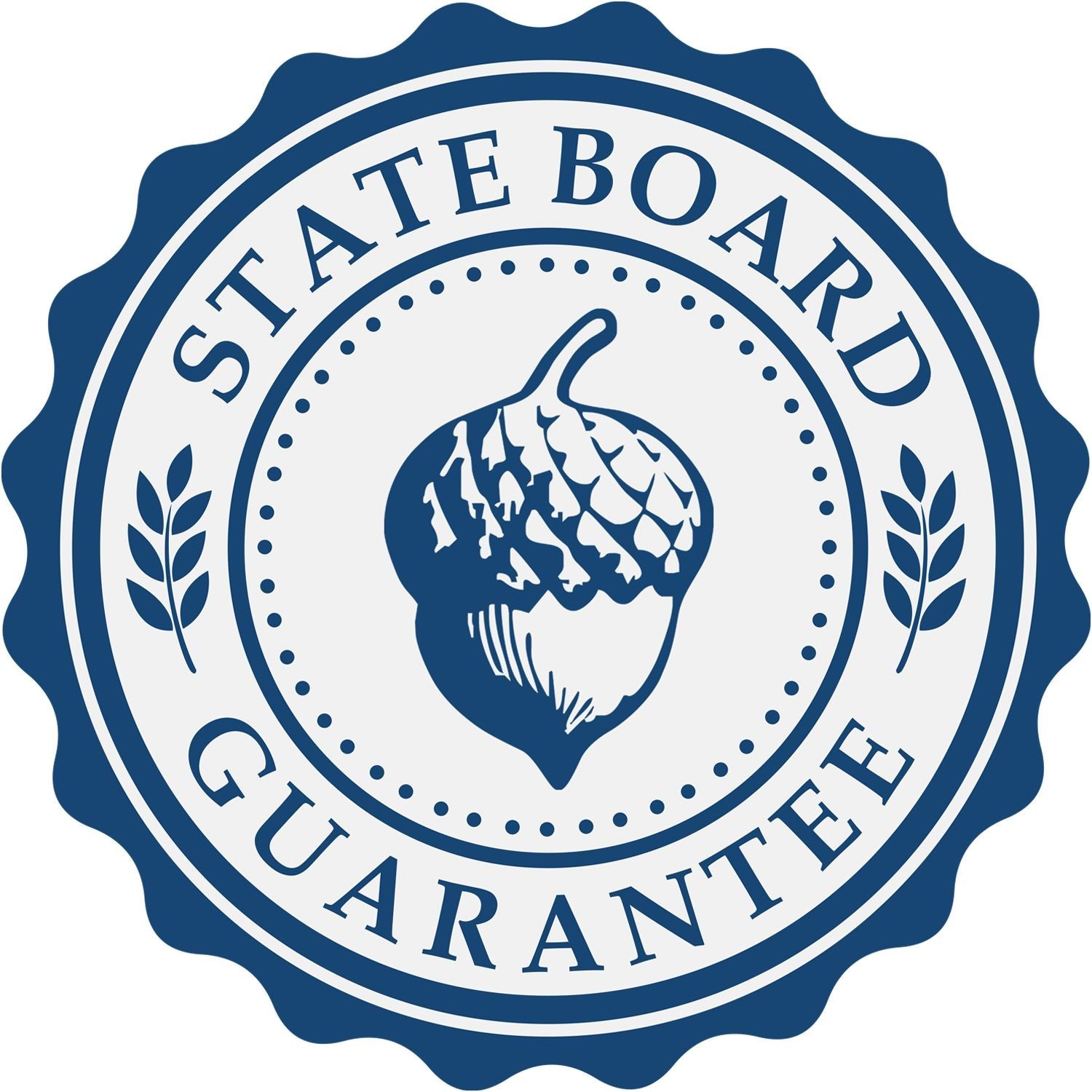 Blue and white seal with State Board Guarantee text and an acorn in the center, embossed by the Gold Gift Notary Seal Embosser.