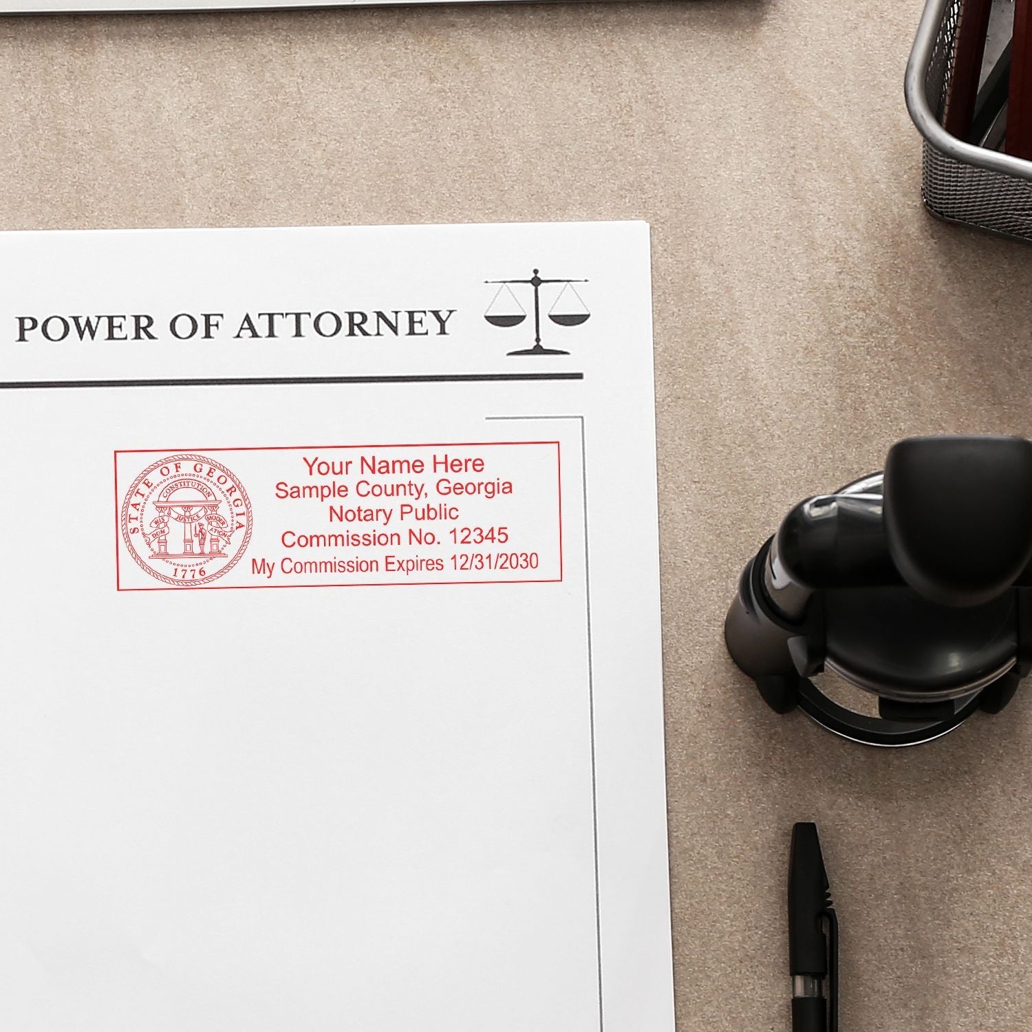 A Self Inking State Seal Notary Stamp imprint on a Power of Attorney document, with a pen and stamp on a desk.