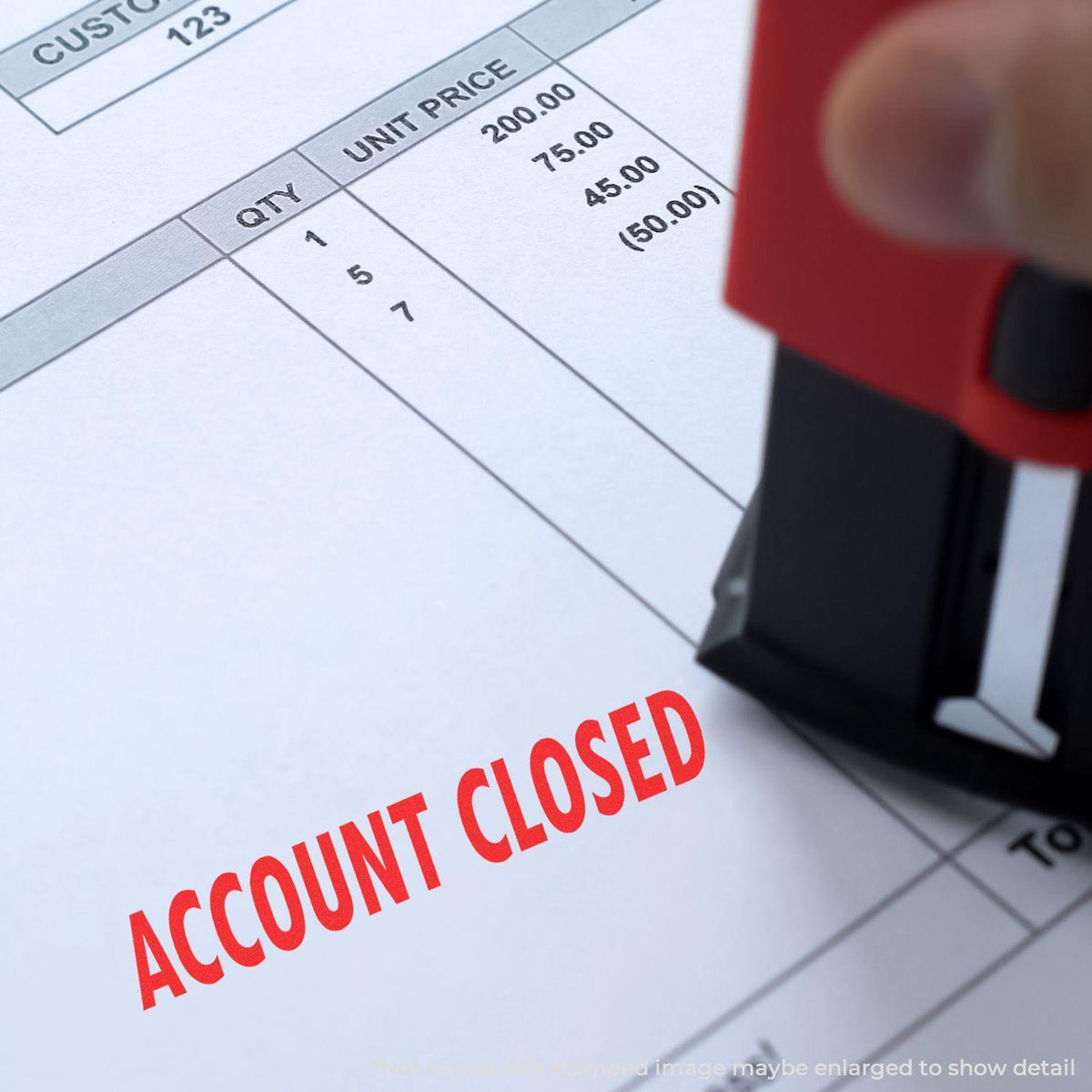 Large Self-Inking Account Closed Stamp image, showing &quot;ACCOUNT CLOSED&quot; message in large red font on an invoice.