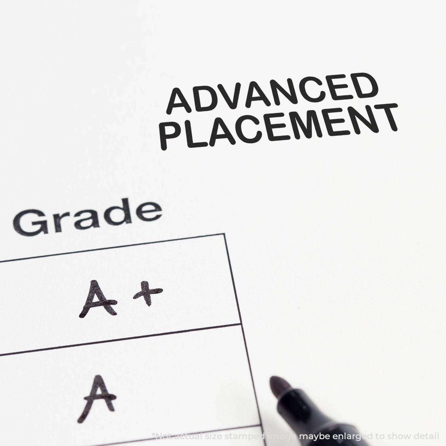 Slim Pre-Inked Advanced Placement Stamp used on a paper with Advanced Placement text and grades marked as A+ and A.