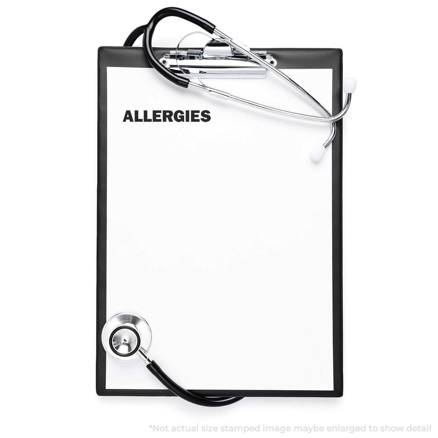 Clipboard with Allergies rubber stamp text at the top, accompanied by a stethoscope, indicating medical context.