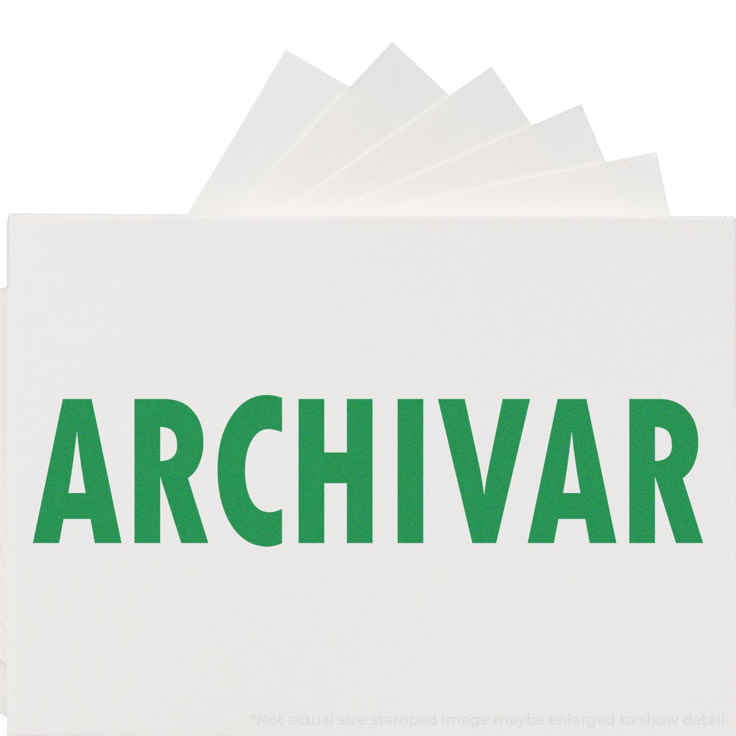 Archivar Rubber Stamp in green ink on white paper, with multiple stamped sheets fanned out behind the main stamped sheet.