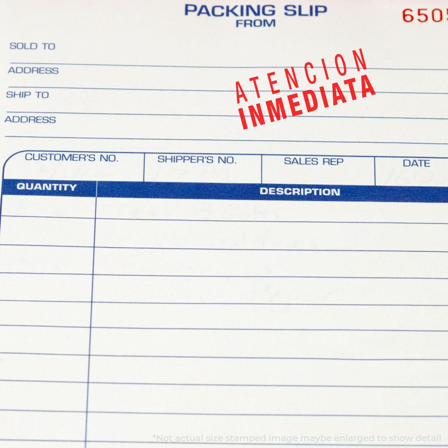 Packing slip stamped with Atencion Inmediata using the Large Self Inking Atencion Inmediata Stamp in red ink.