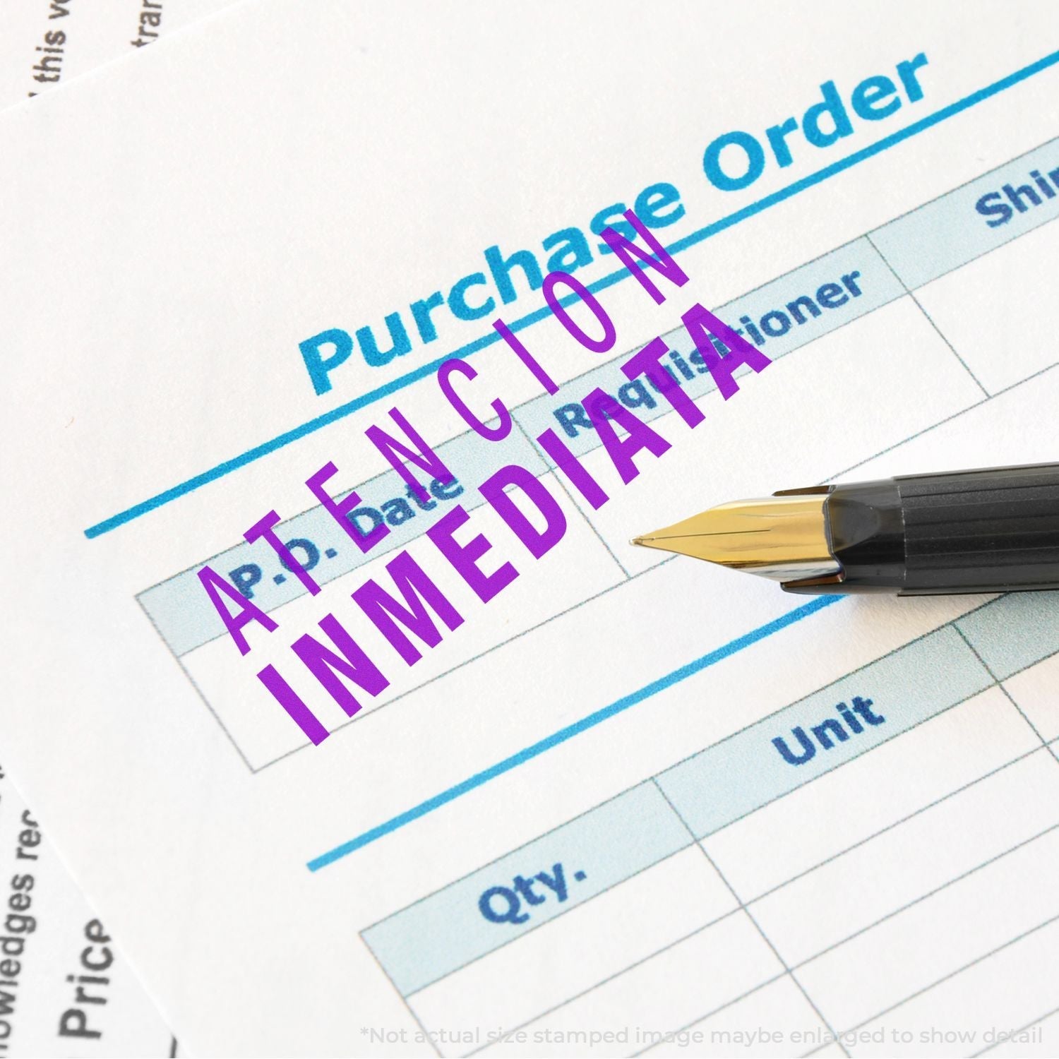 Large Pre-Inked Atencion Inmediata Stamp in purple ink on a purchase order form with a pen next to it.