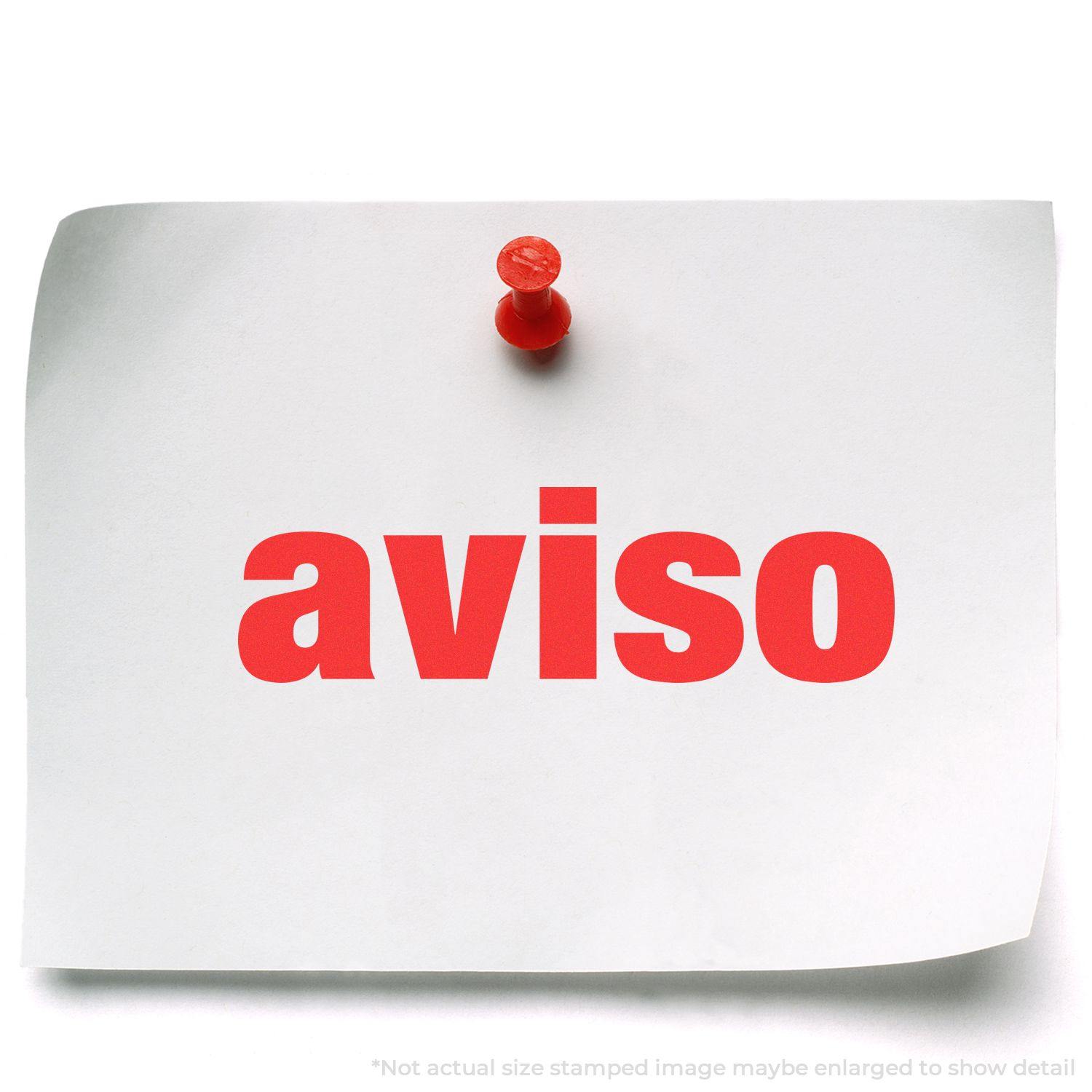 A red pushpin holds a white paper with "aviso" stamped in bold red letters, showcasing the Aviso Rubber Stamp.