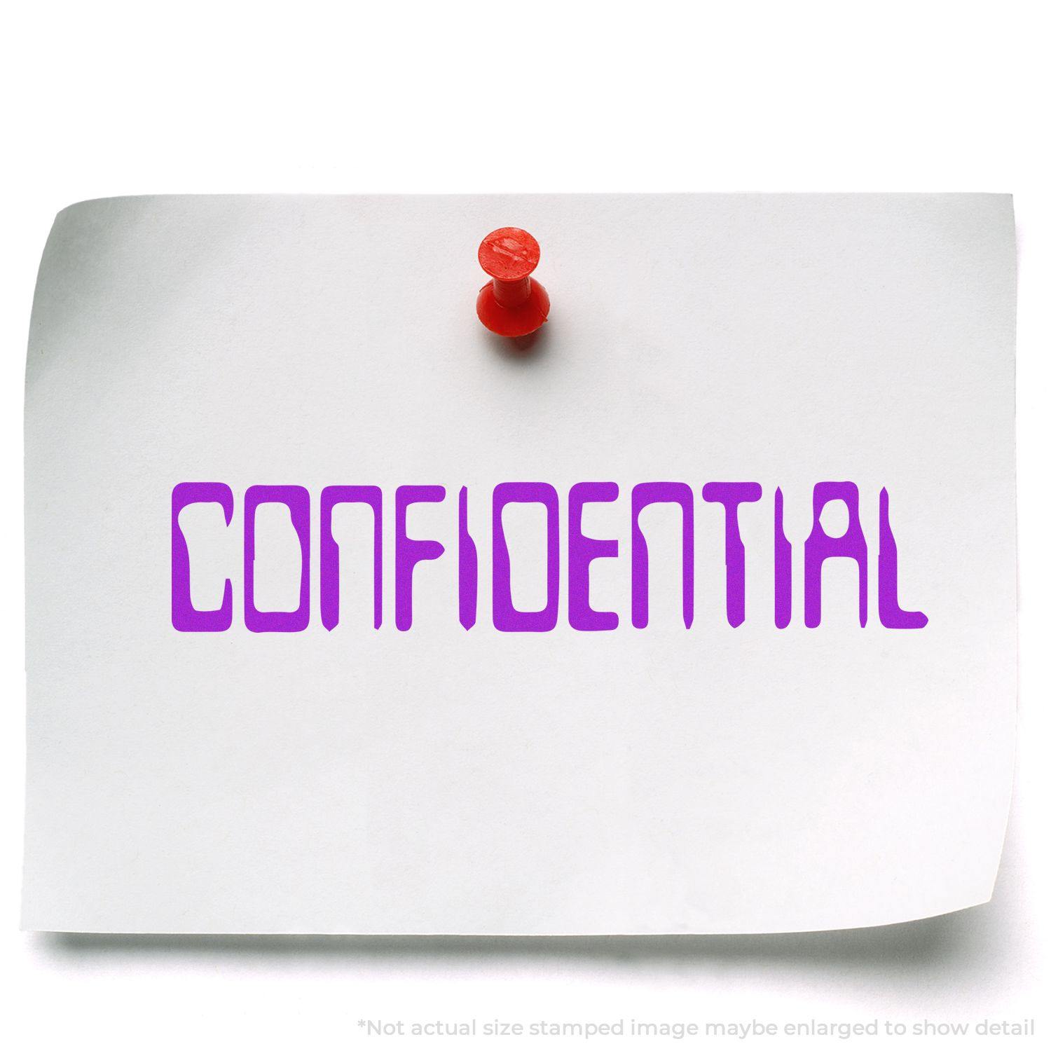 A white paper with a red pushpin displays a purple CONFIDENTIAL Barcode Confidential Rubber Stamp imprint.