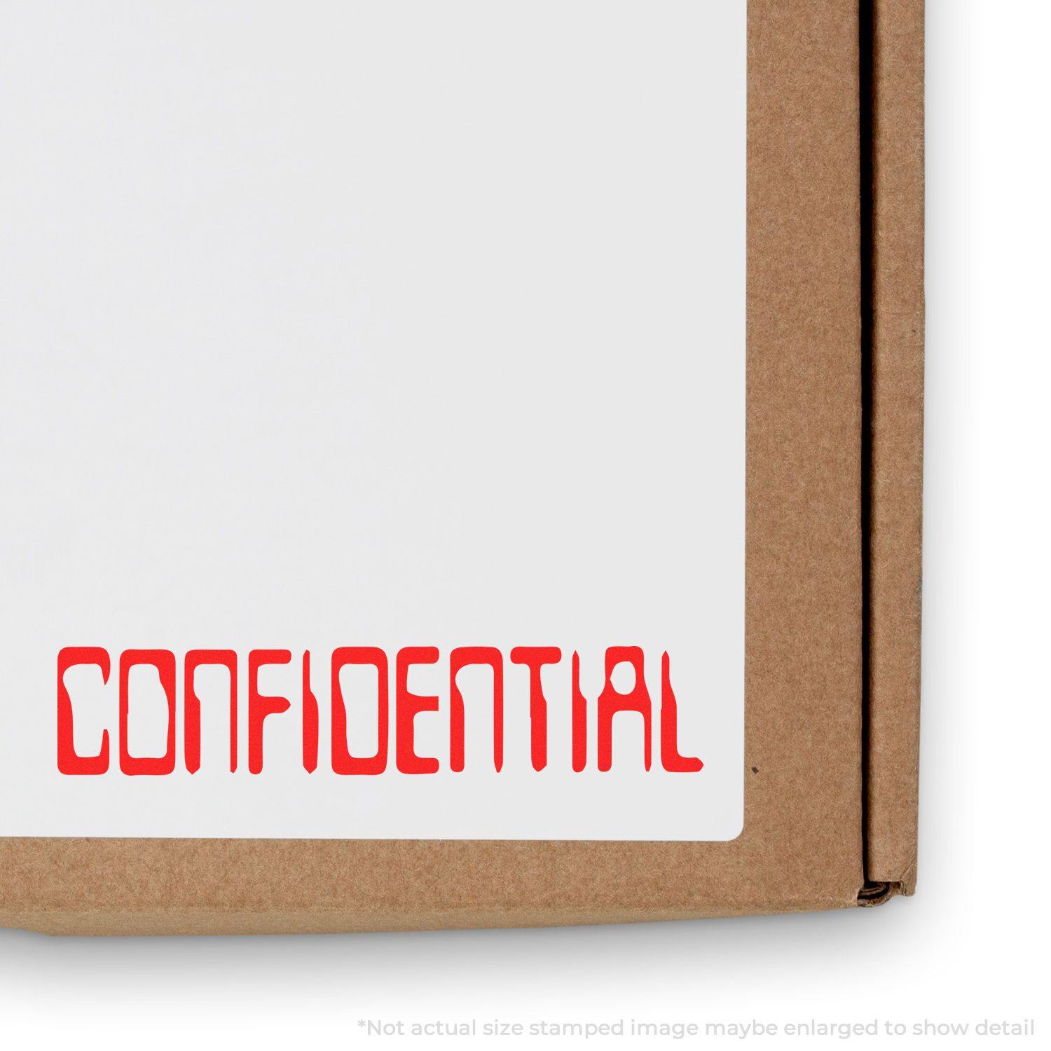 Large Pre-Inked Barcode Confidential Stamp in red ink on a white paper attached to a brown cardboard box.